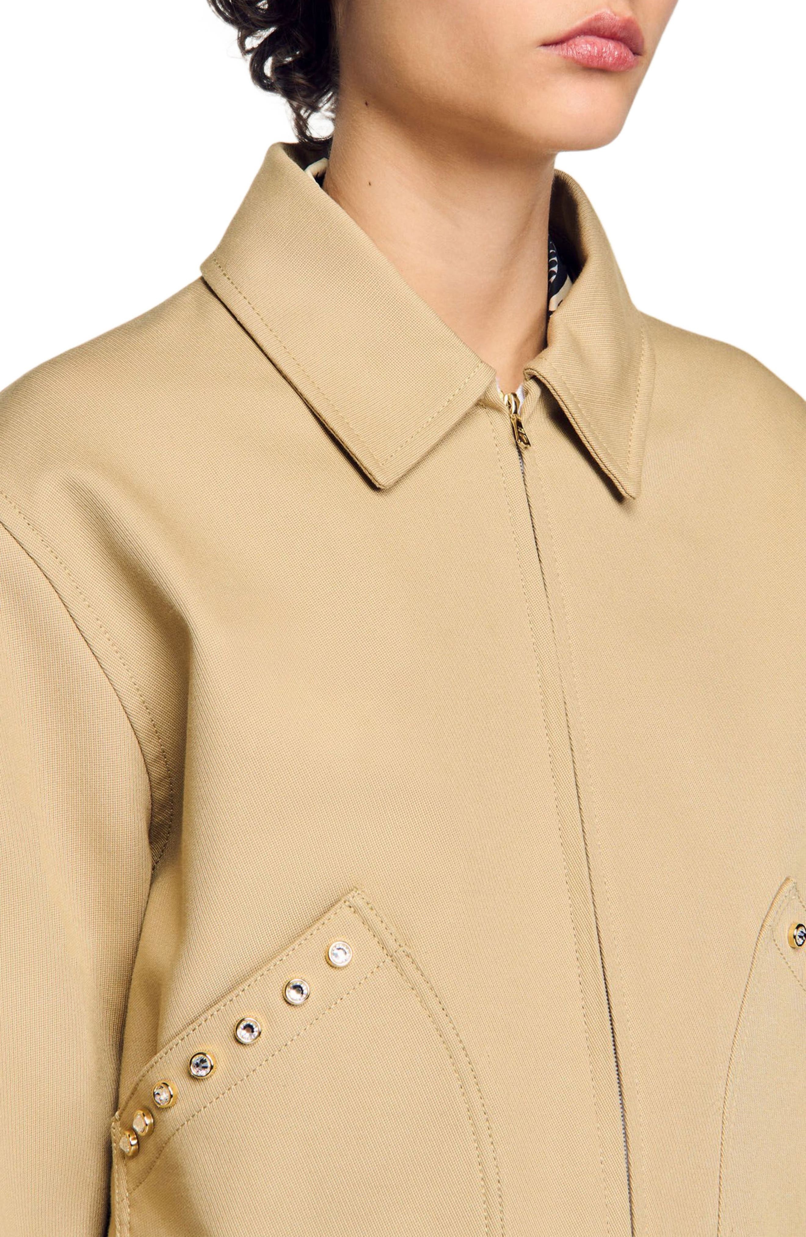 SANDRO Short jacket with rhinestone details in Beige at Nordstrom - 4