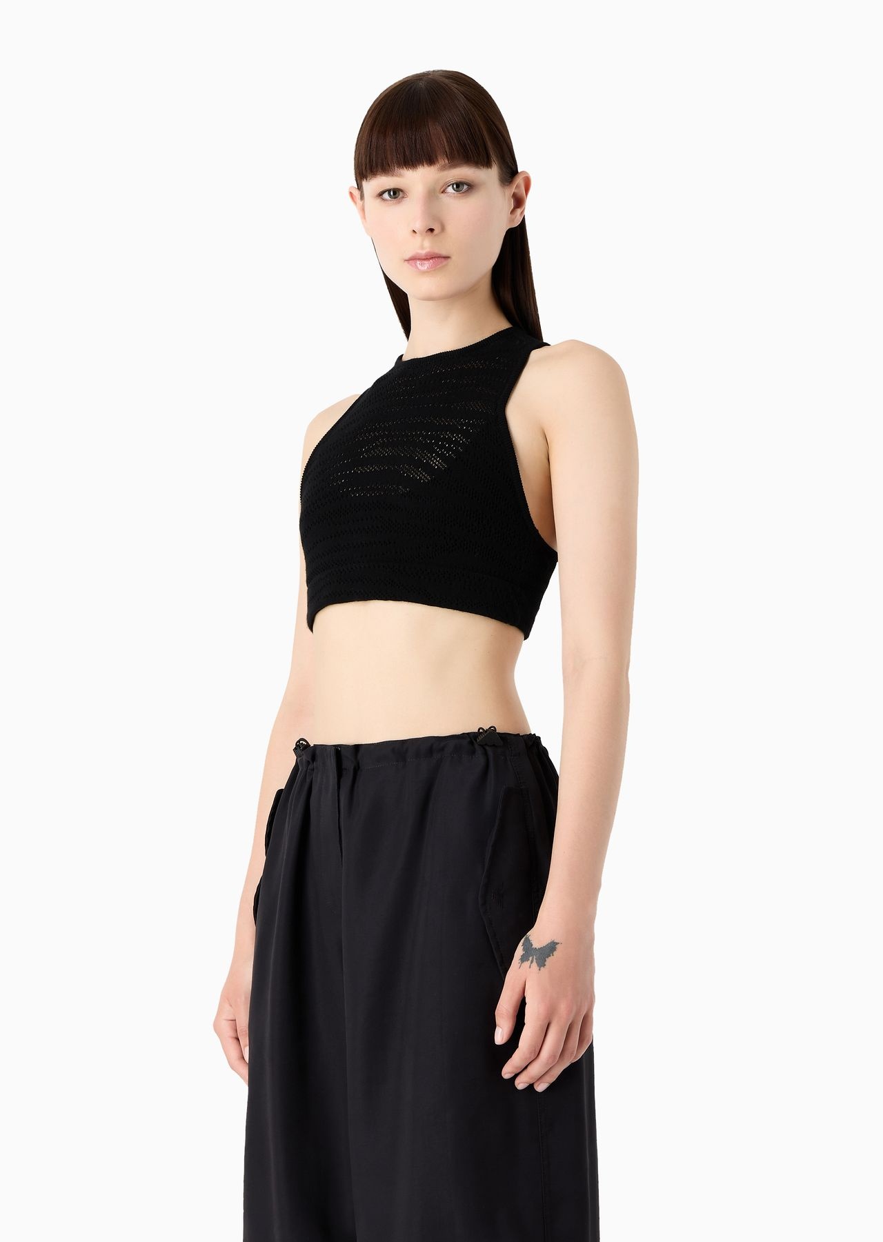 Emporio Armani Sustainability Values Capsule Collection viscose blend openwork knit crop top - 2