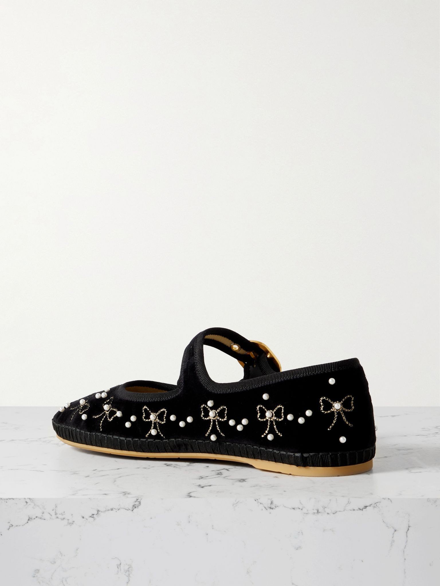 Endouce embellished grosgrain-trimmed velvet Mary Jane ballet flats Black - 3