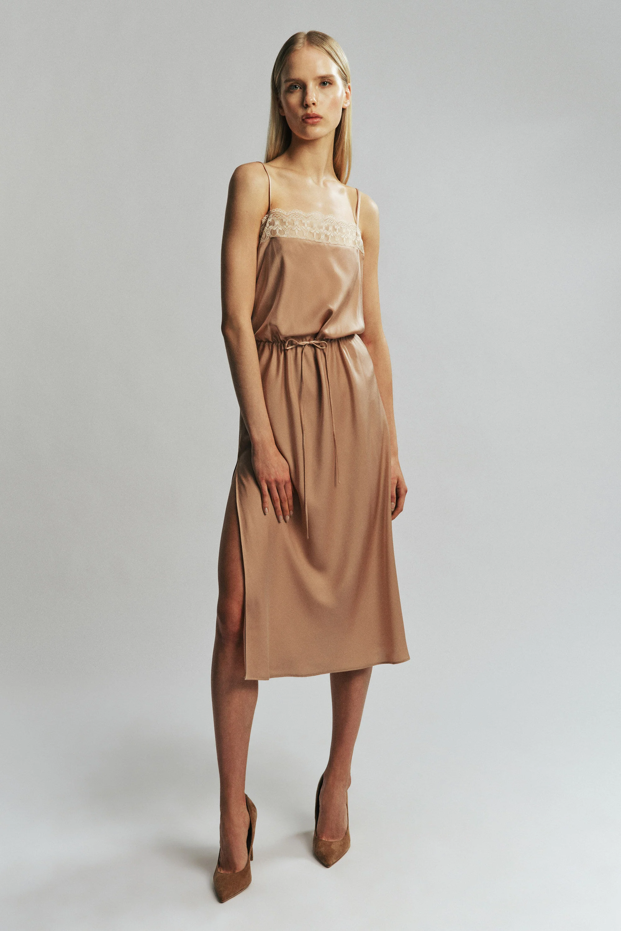 Olina Lace Satin Midi Dress In Soft Camel - 1