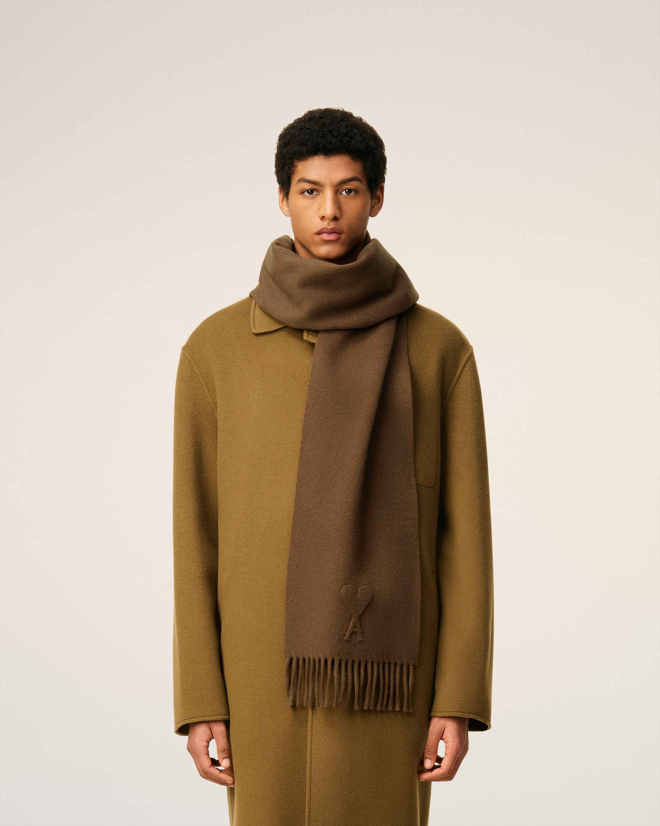 BROWN WOOL EMBOSSED AMI DE COEUR SCARF - 2