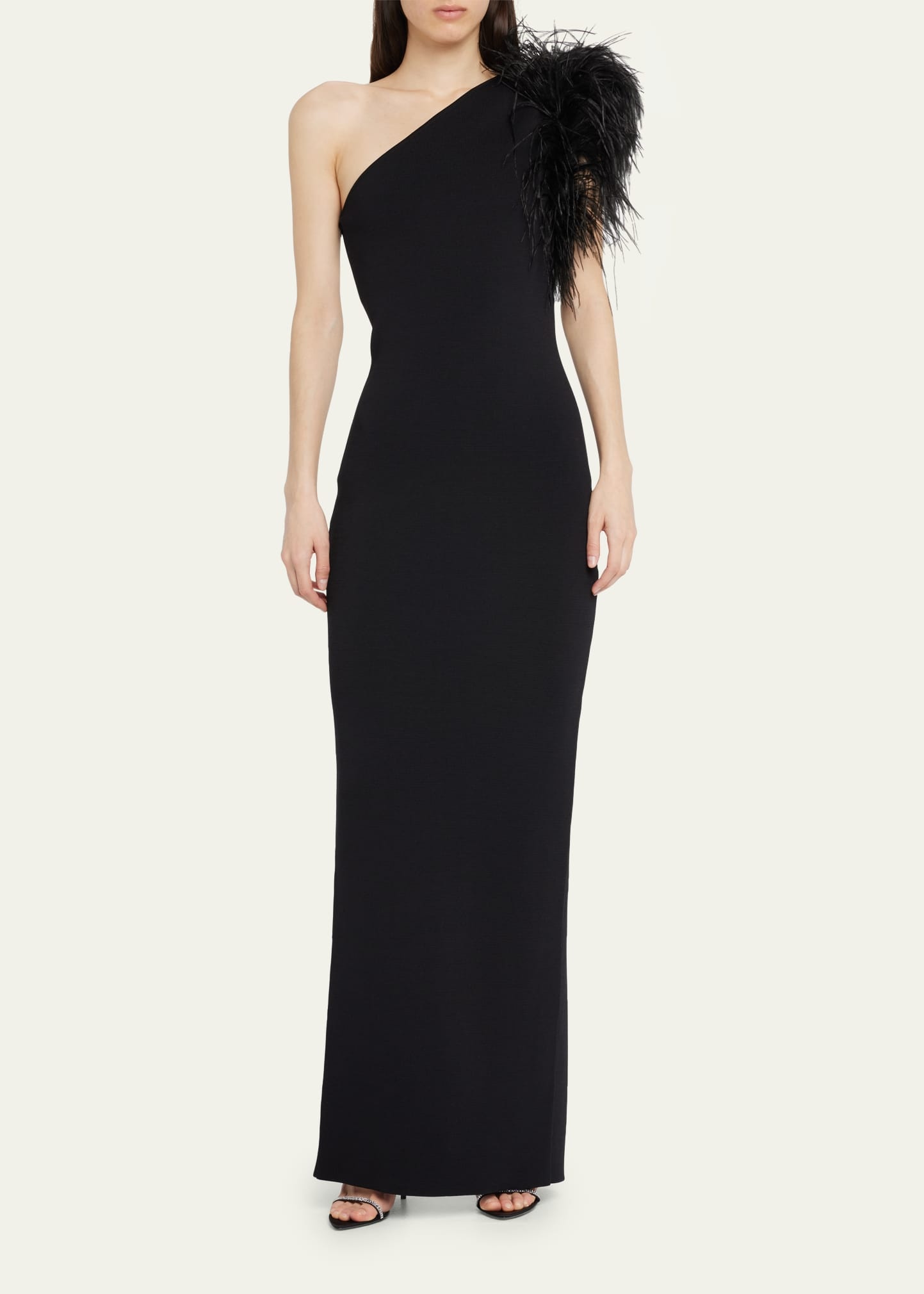 Elcie One-Shoulder Column Gown with Feathers - 2