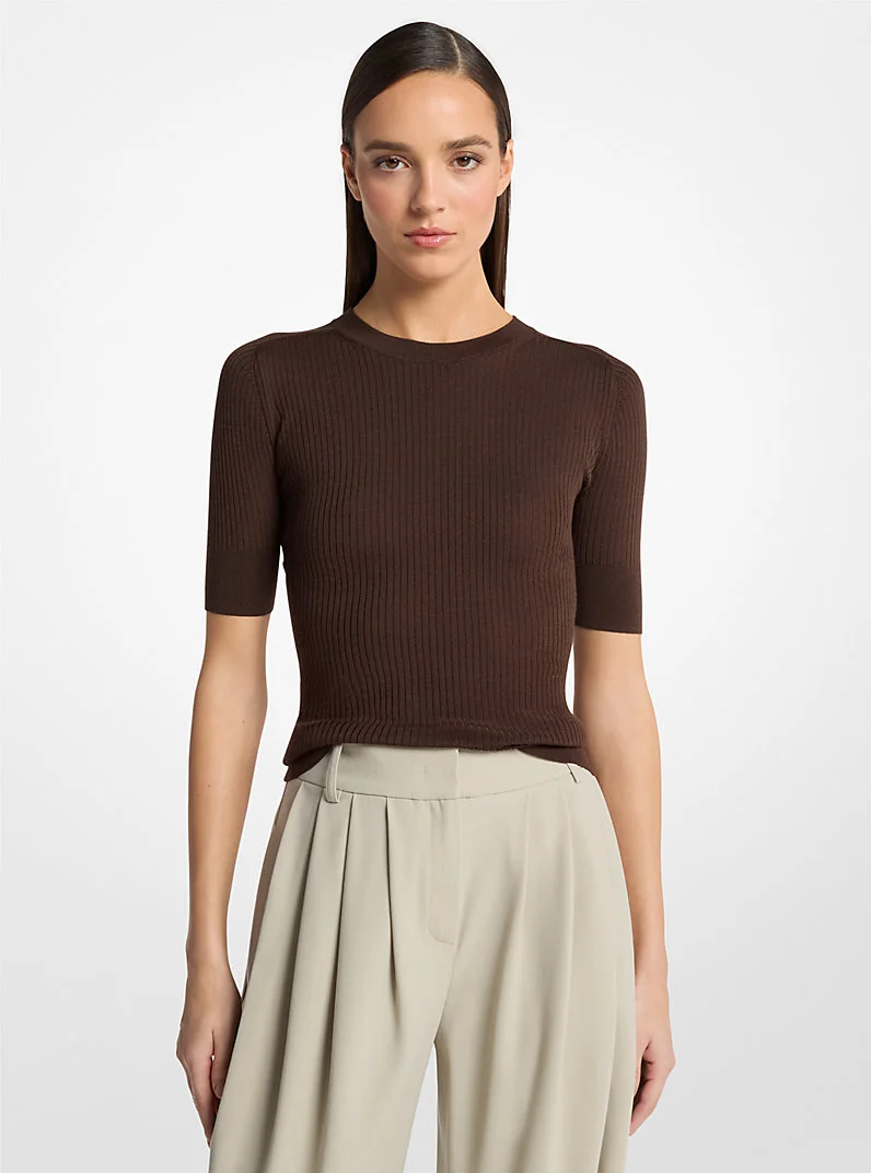 Ribbed Wool Elbow-Sleeve Sweater - 1