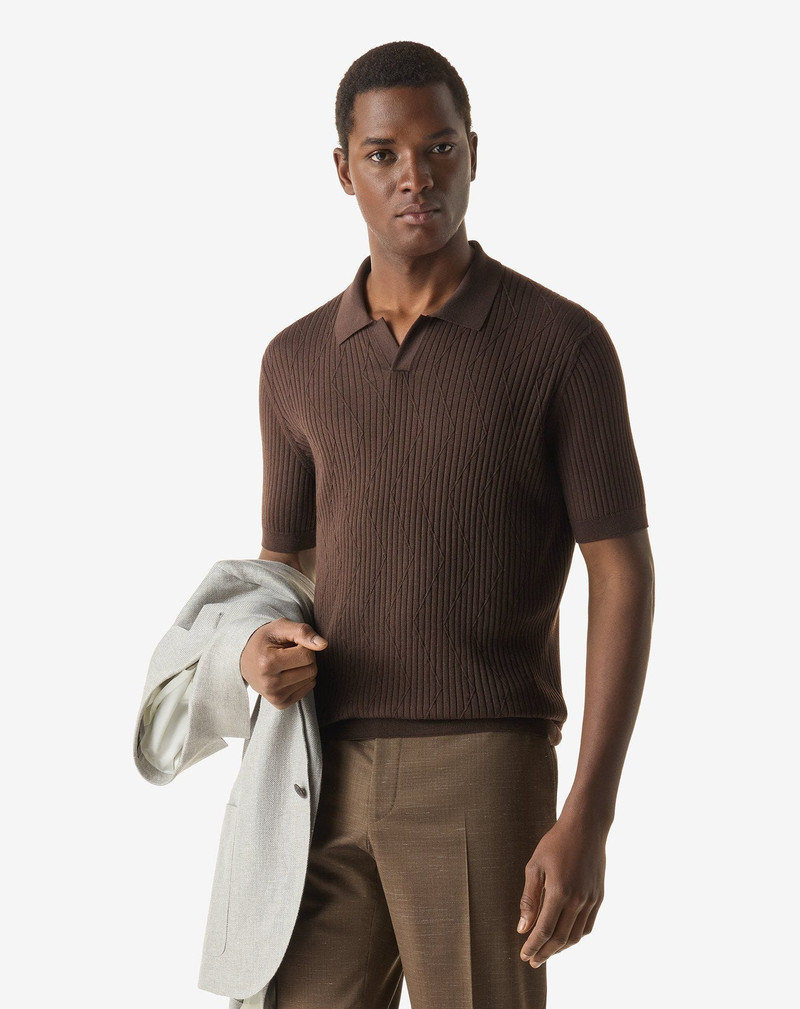 CORNELIANI Brown buttonless silk and organic cotton polo shirt outlook