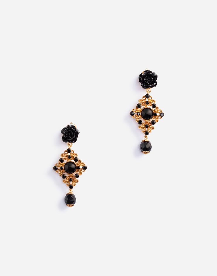 Clip-on drop earrings with roses and stones - 1