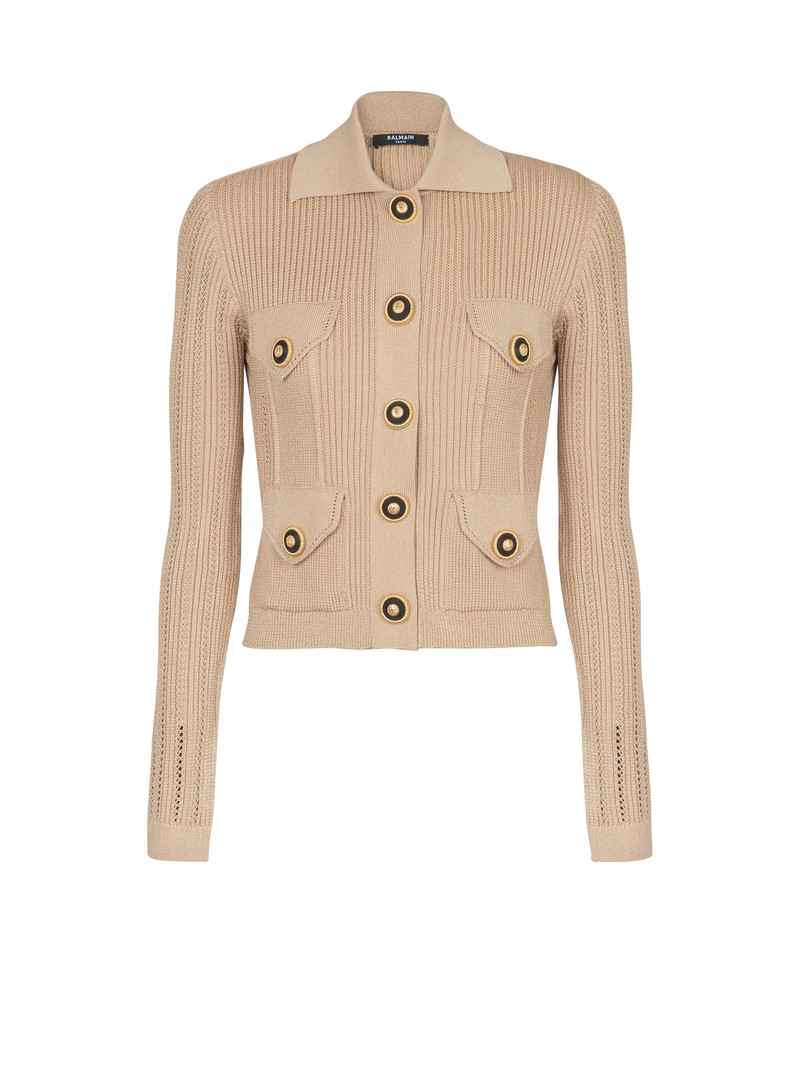 Cropped ribbed knit cardigan with openwork details - 1