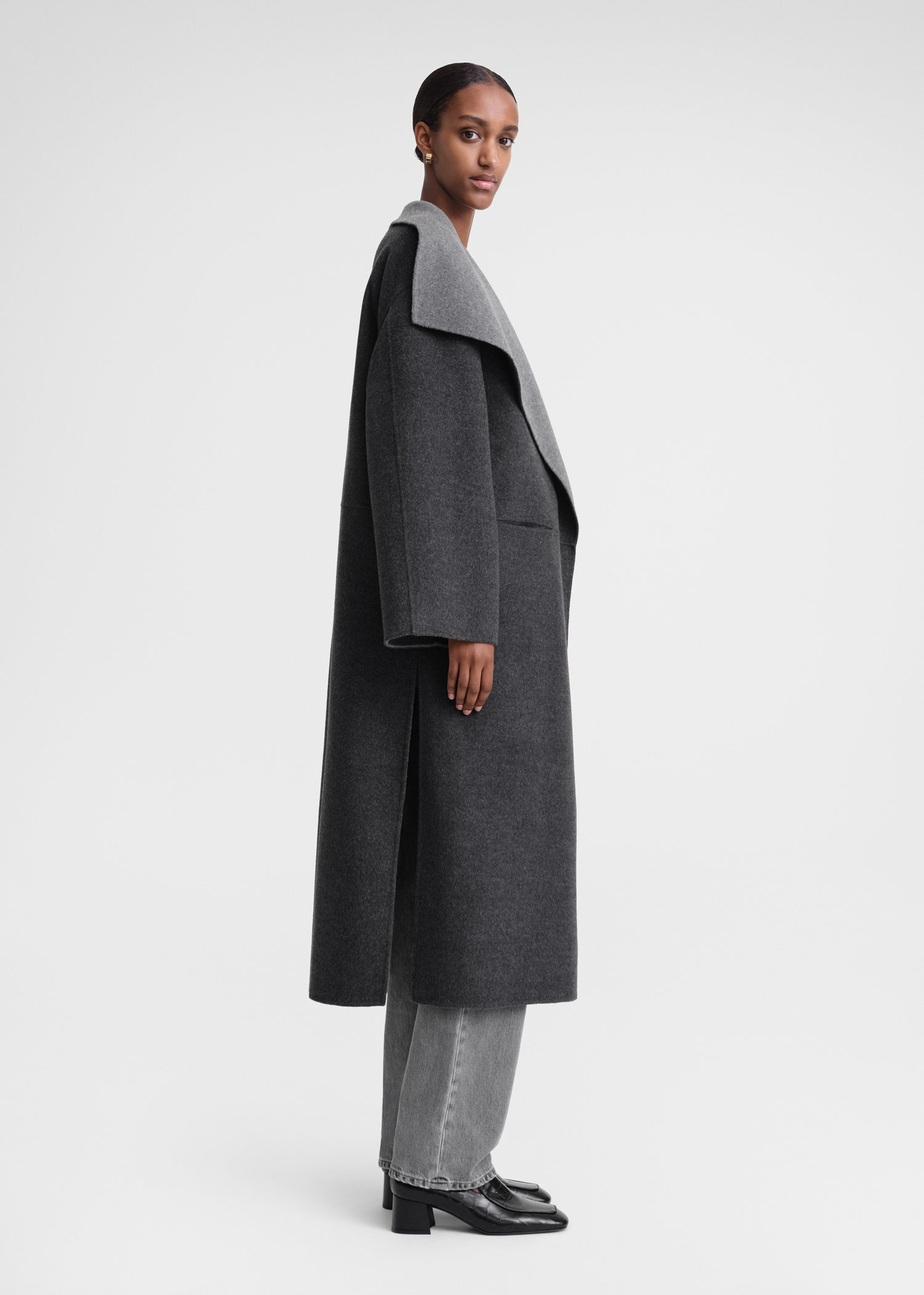 Two-tone signature wool cashmere coat dark grey melange - 3