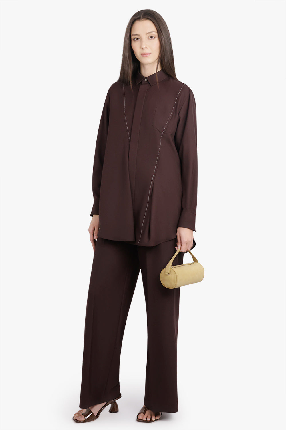 SUITING L/S SHIRT WITH PANEL DETAIL | BROWN - 2