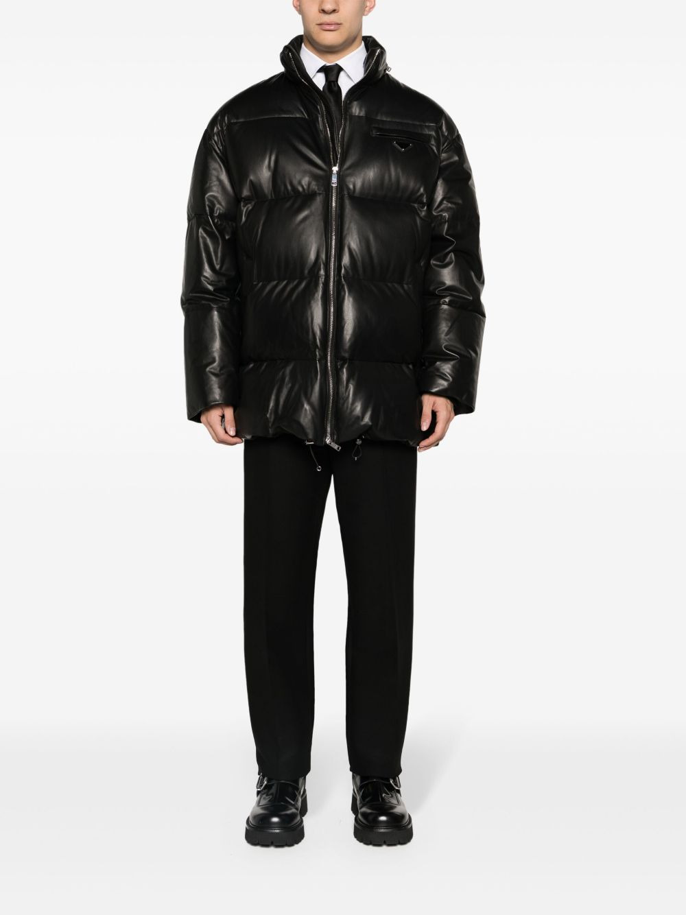 logo-plaque leather puffer coat - 2