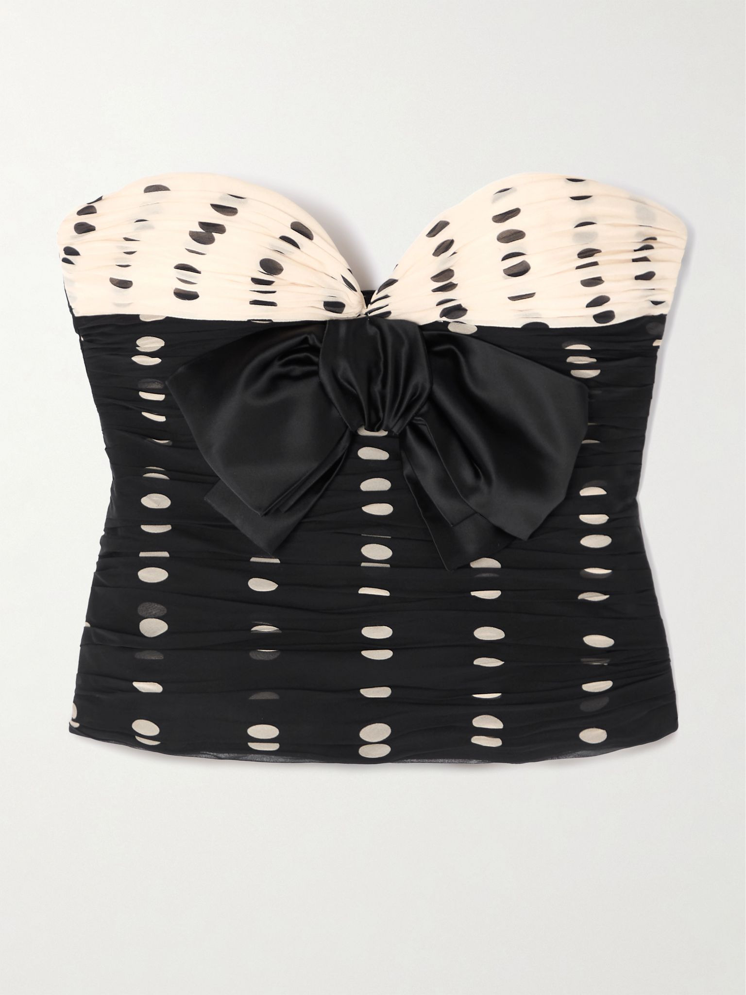 Satin bow-detailed ruched silk-chiffon strapless top Black - 1