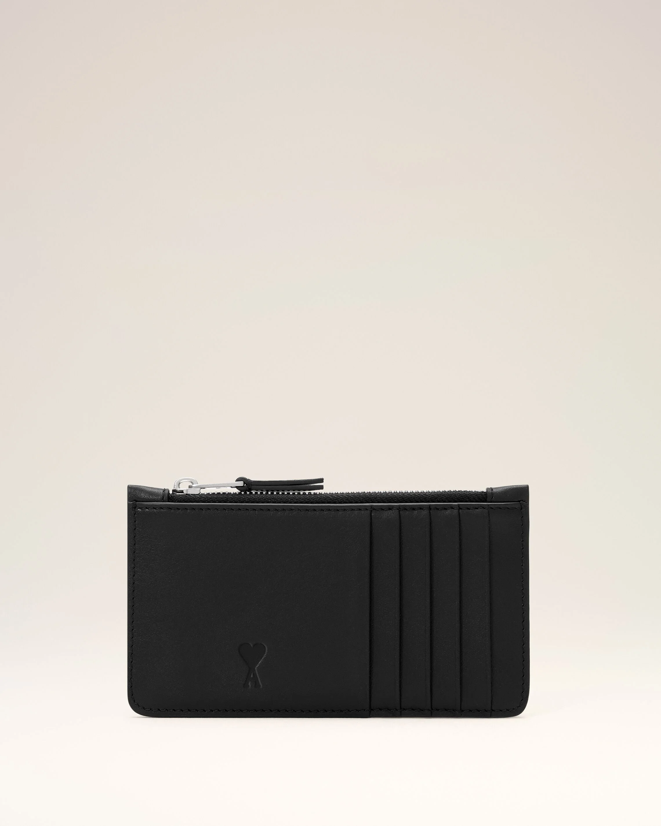 BLACK ZIPPED COWHIDE LEATHER CARD HOLDER WITH AMI DE COEUR - 1