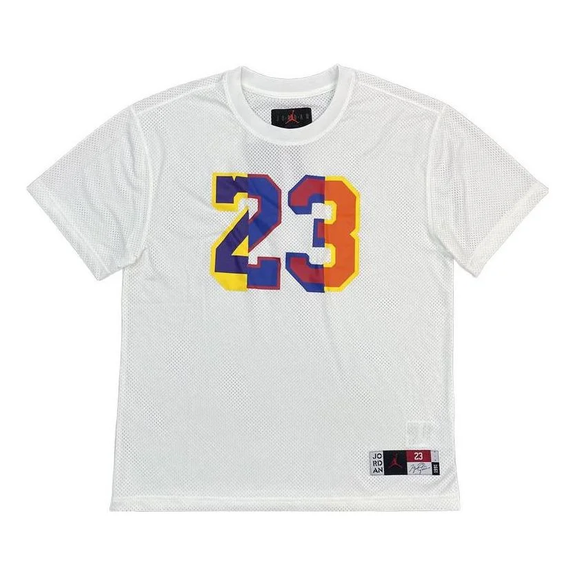 Men's Air Jordan SS22 DNA Colorblock Numeric Printing Mesh Breathable Short Sleeve White T-Shirt DJ6 - 1