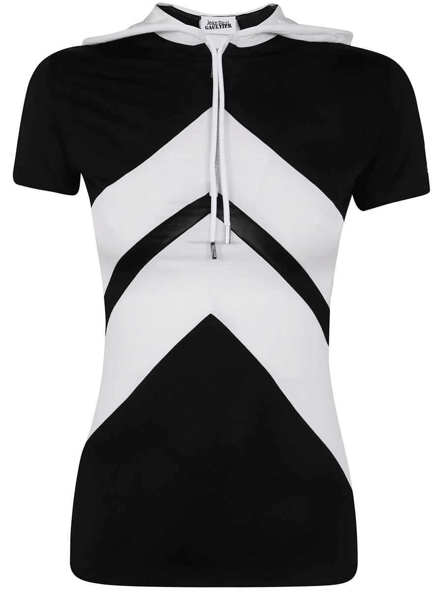 Jean Paul Gaultier Viscose Baby Tee Shirt With Inlaid Chevron, "Gaultier" Patch Detail And Hood Clot - 1