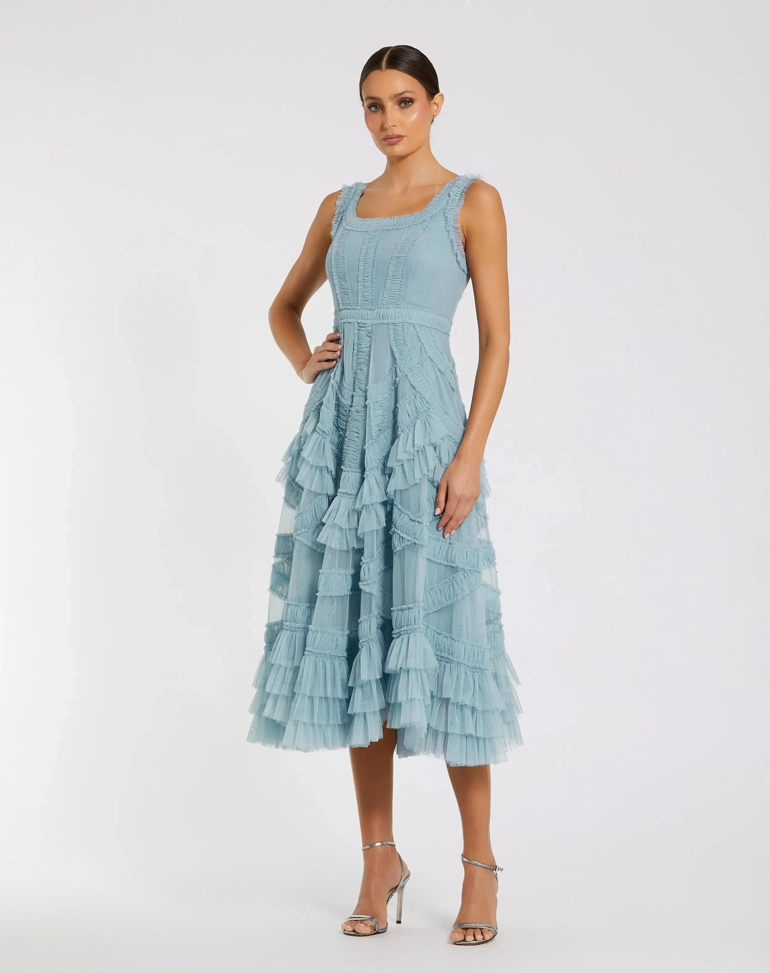Blue Scoop Neck Sleeveless A-Line Ruffle Midi Dress - 1