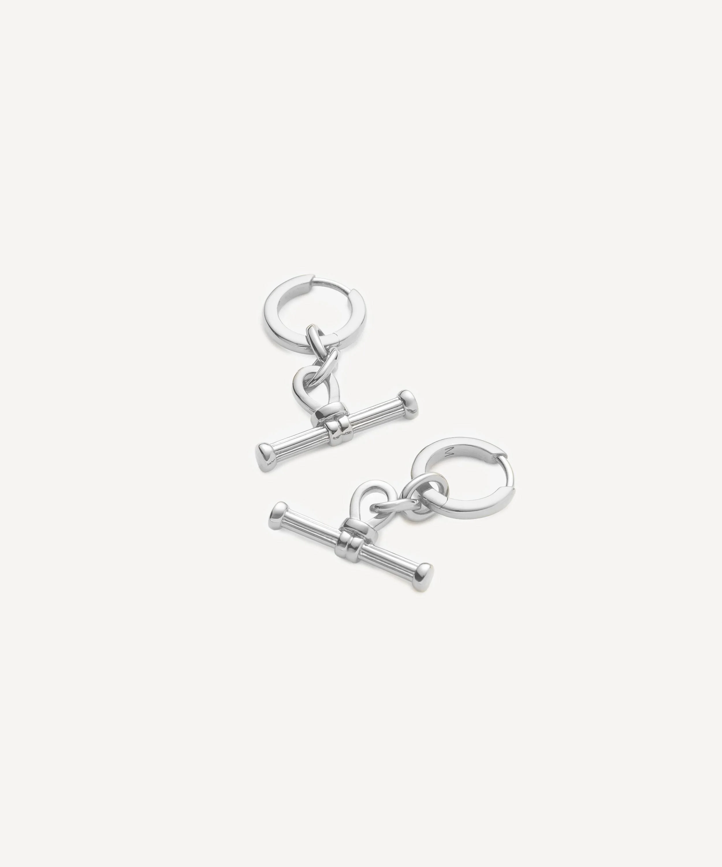 Rhodium-Plated Ridge T-Bar Drop Huggie Hoop Earrings - 1