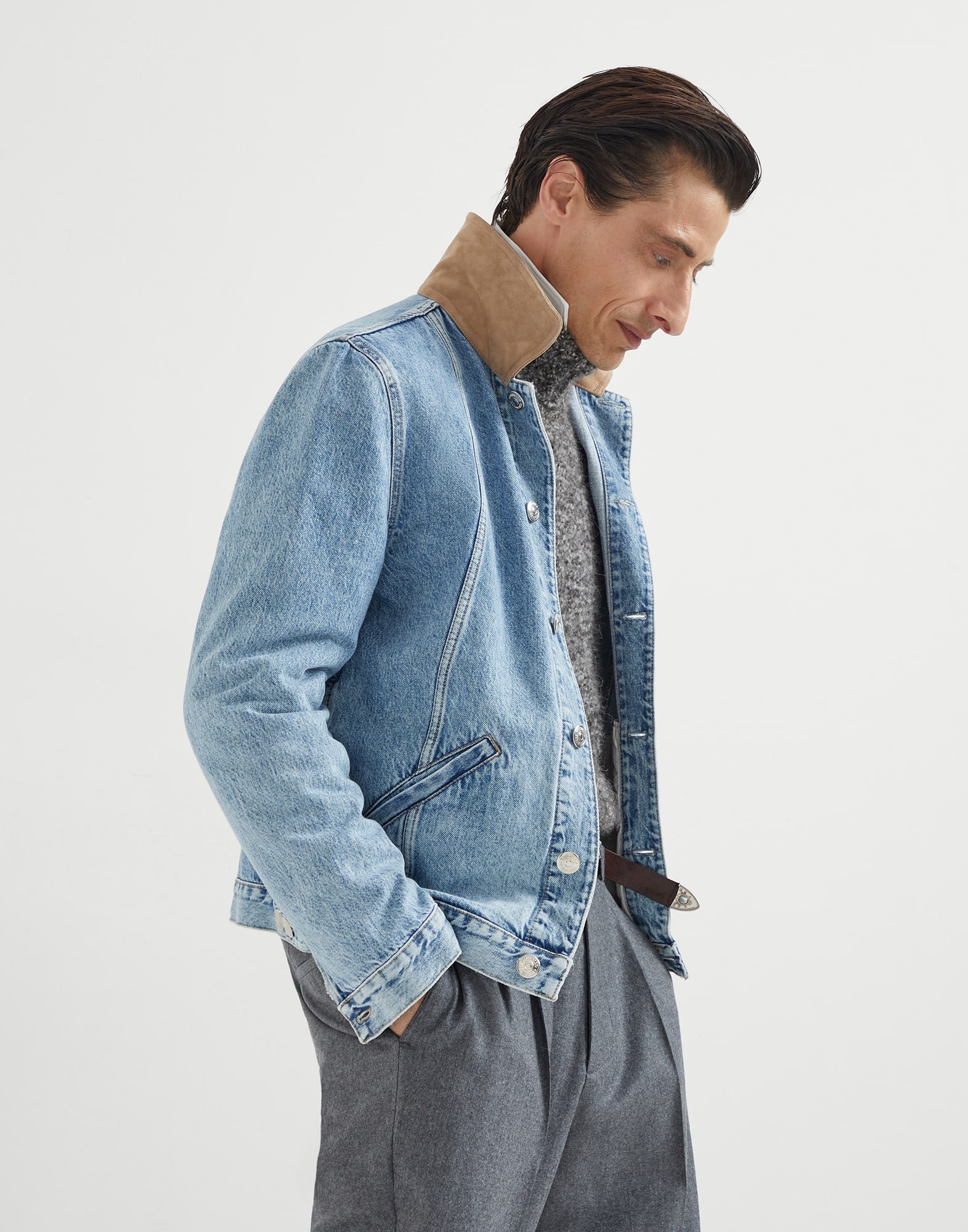 Denim outerwear jacket with suede collar - 4