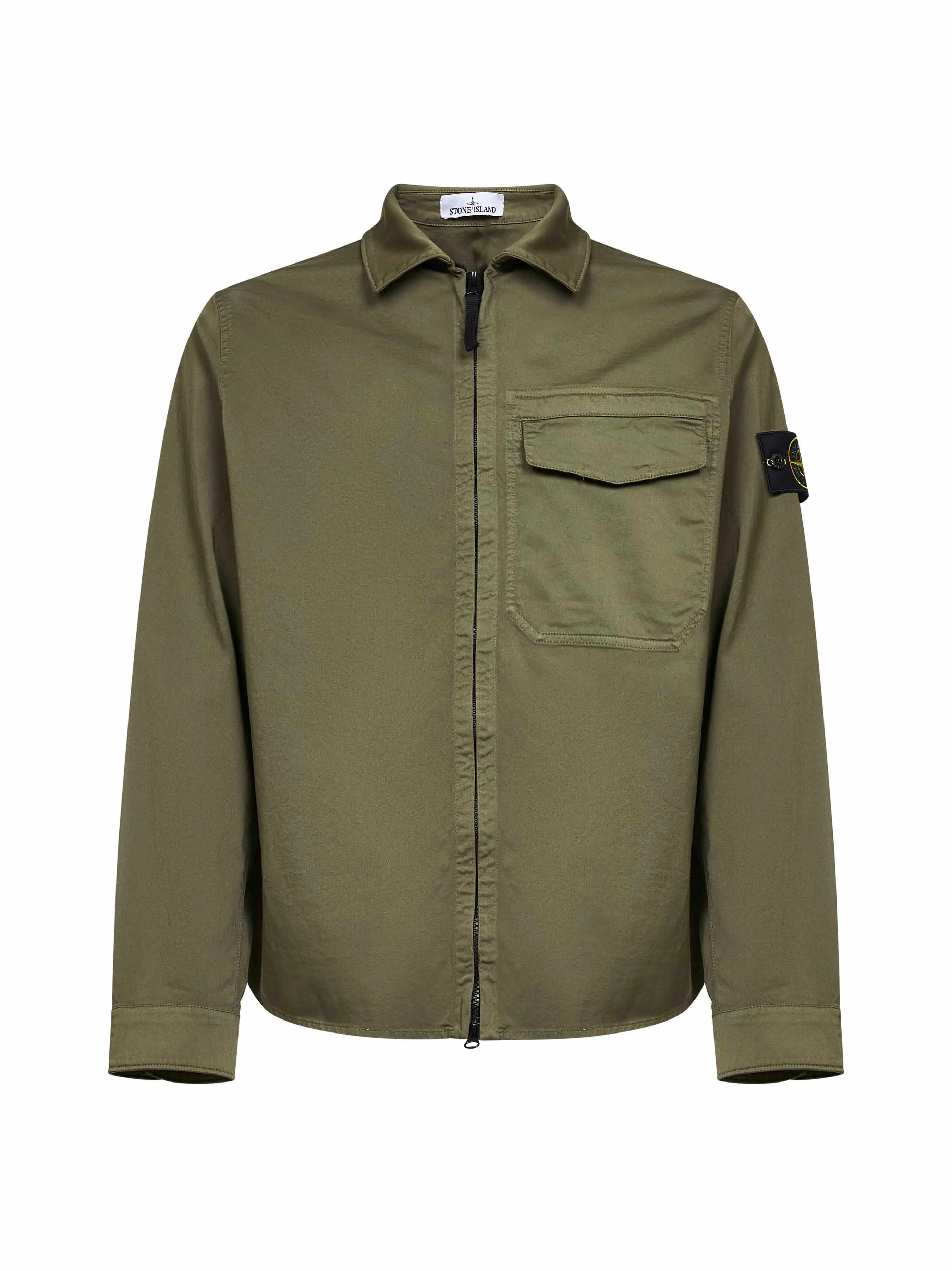 Military green stretch organic cotton satin overshirt - 1