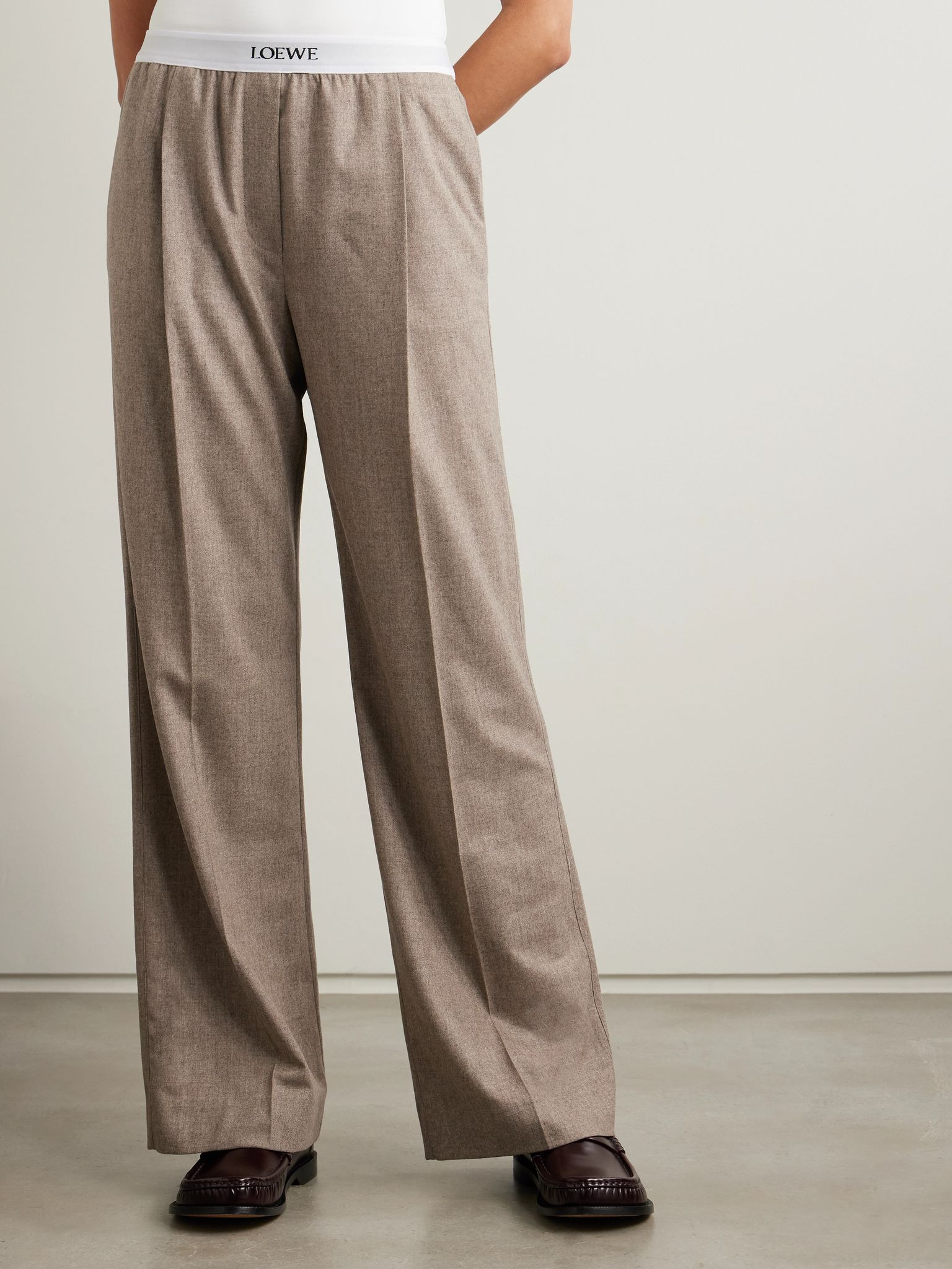 Stretch jacquard-trimmed pleated wool and cashmere-blend straight-leg pants Beige - 3