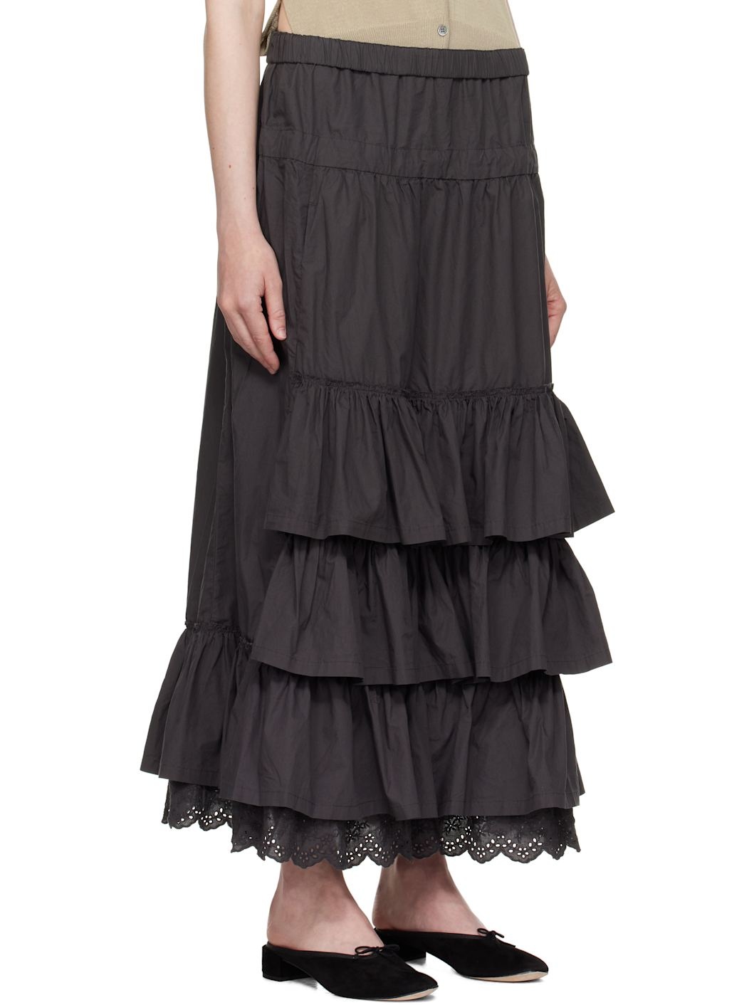 Gray Rolled Waist Tiered Midi Skirt - 2