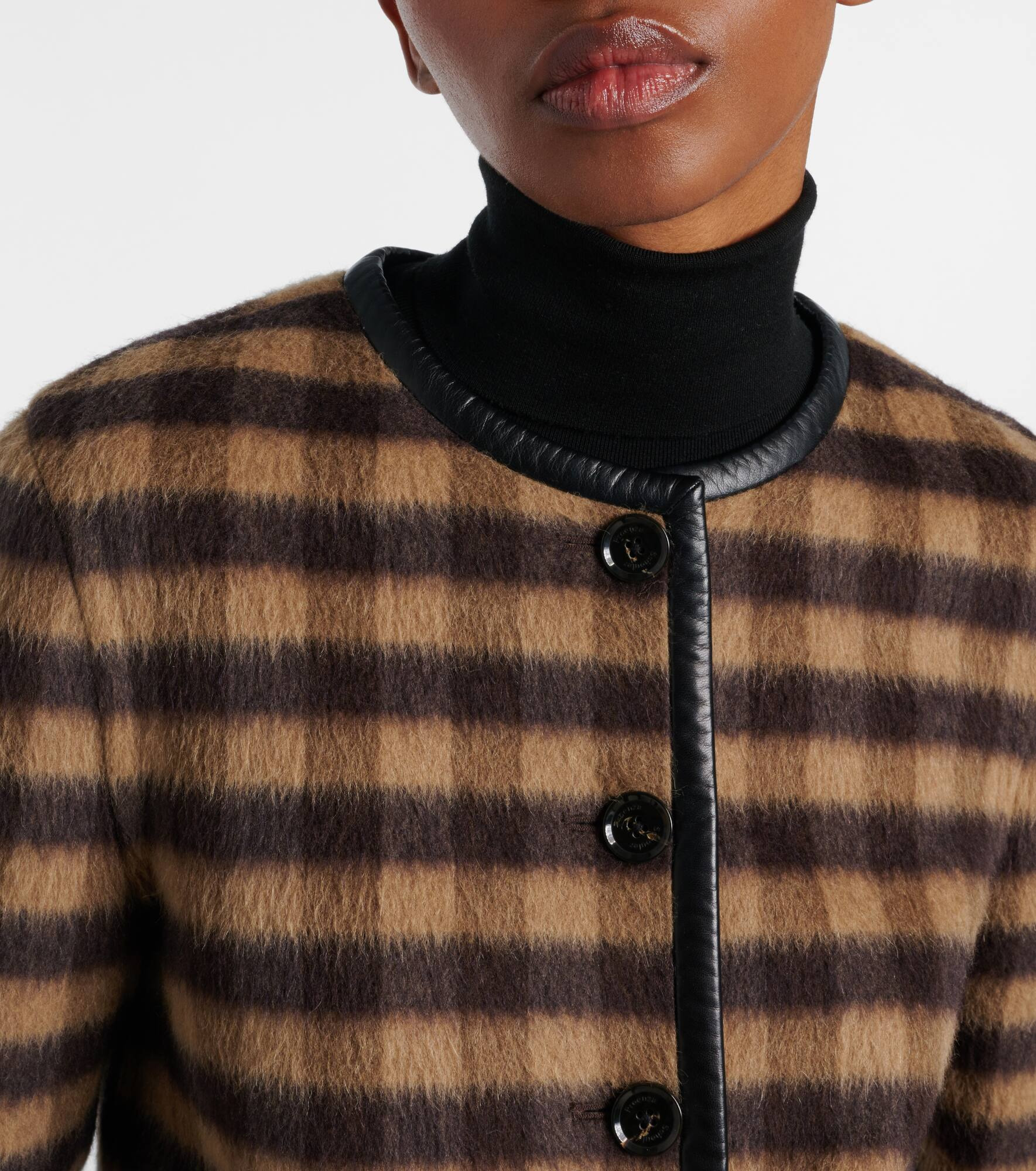Checked leather-trimmed wool-blend jacket - 4