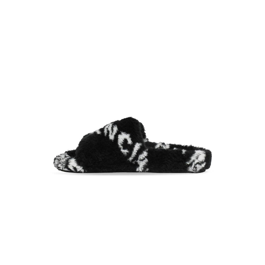 BALENCIAGA Women's Furry Slide Sandal Allover Logo in Black