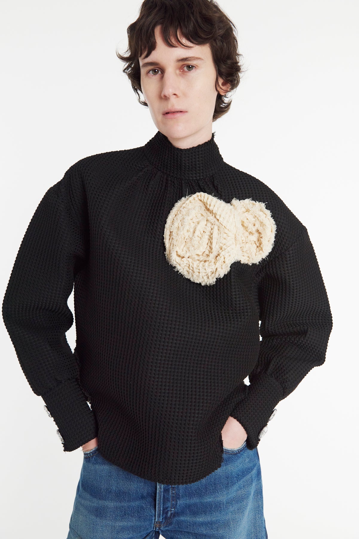 WAFFLE TEXTURE TOP WITH 3D FLOWERS BLACK - 11