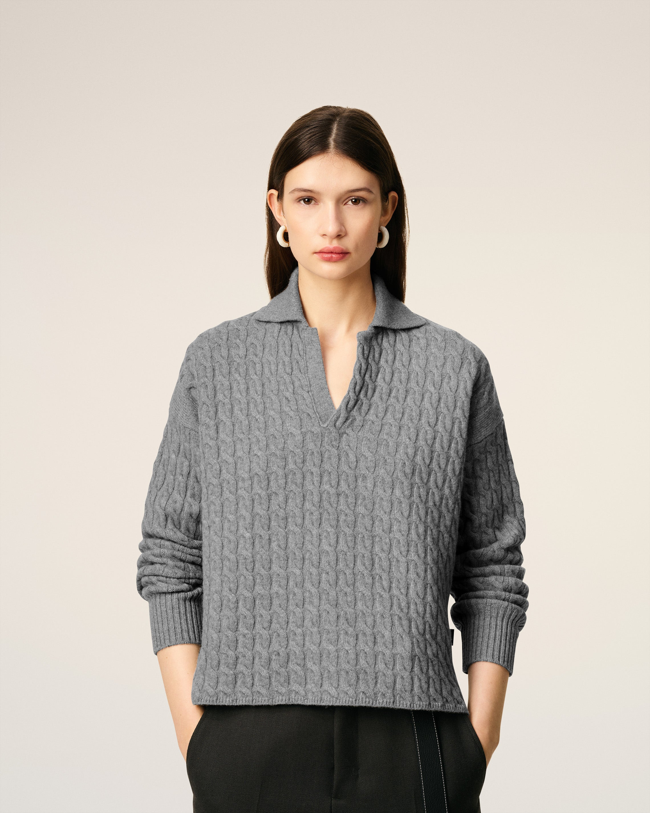 GREY WOOL CABLES KNIT POLO - 3