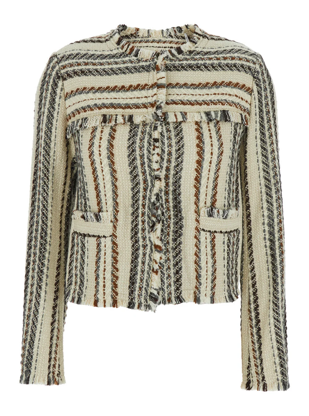Isabel Marant Etoile Women 'Izaria' Beige Jacket With Fringed Round Neck And All-Over Striped Motif - 1