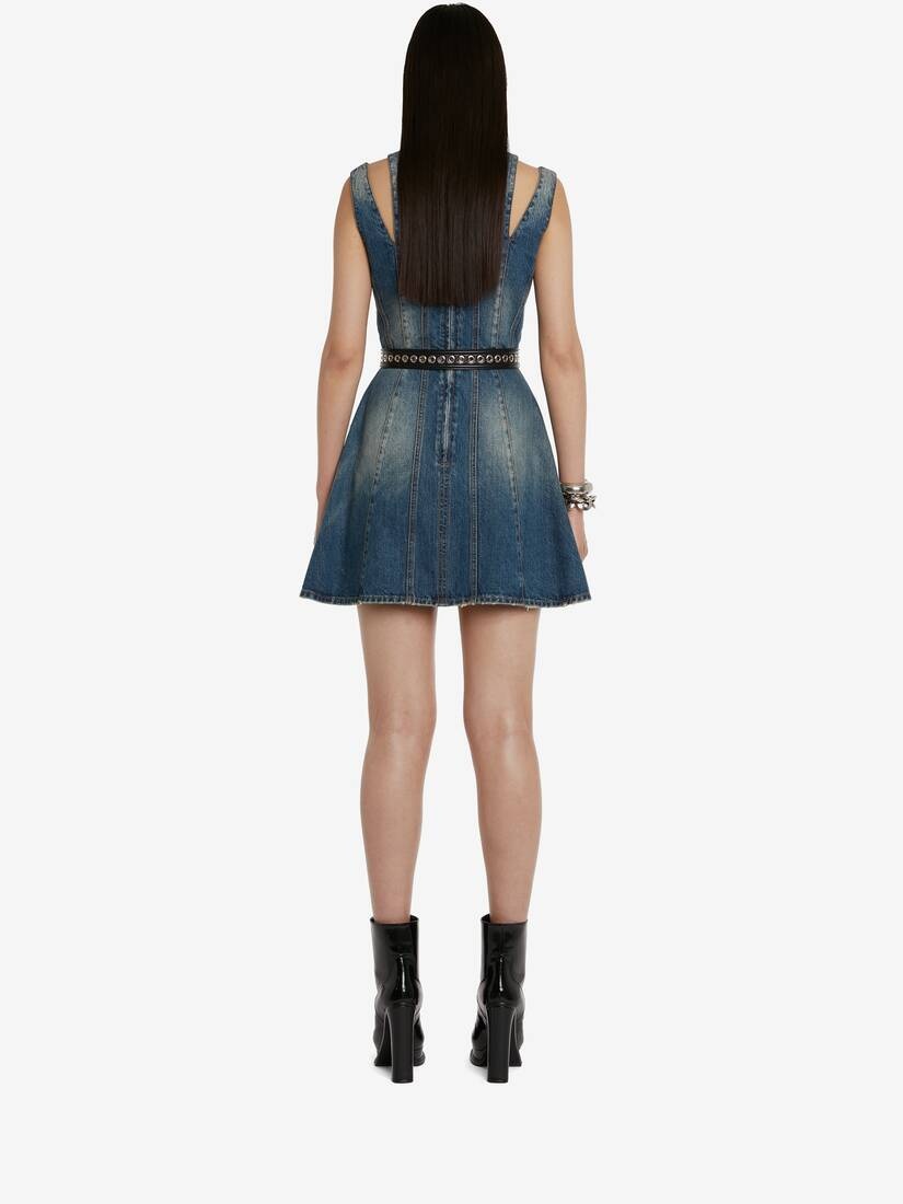 Women's Panelled Denim Mini Dress in Blue - 4