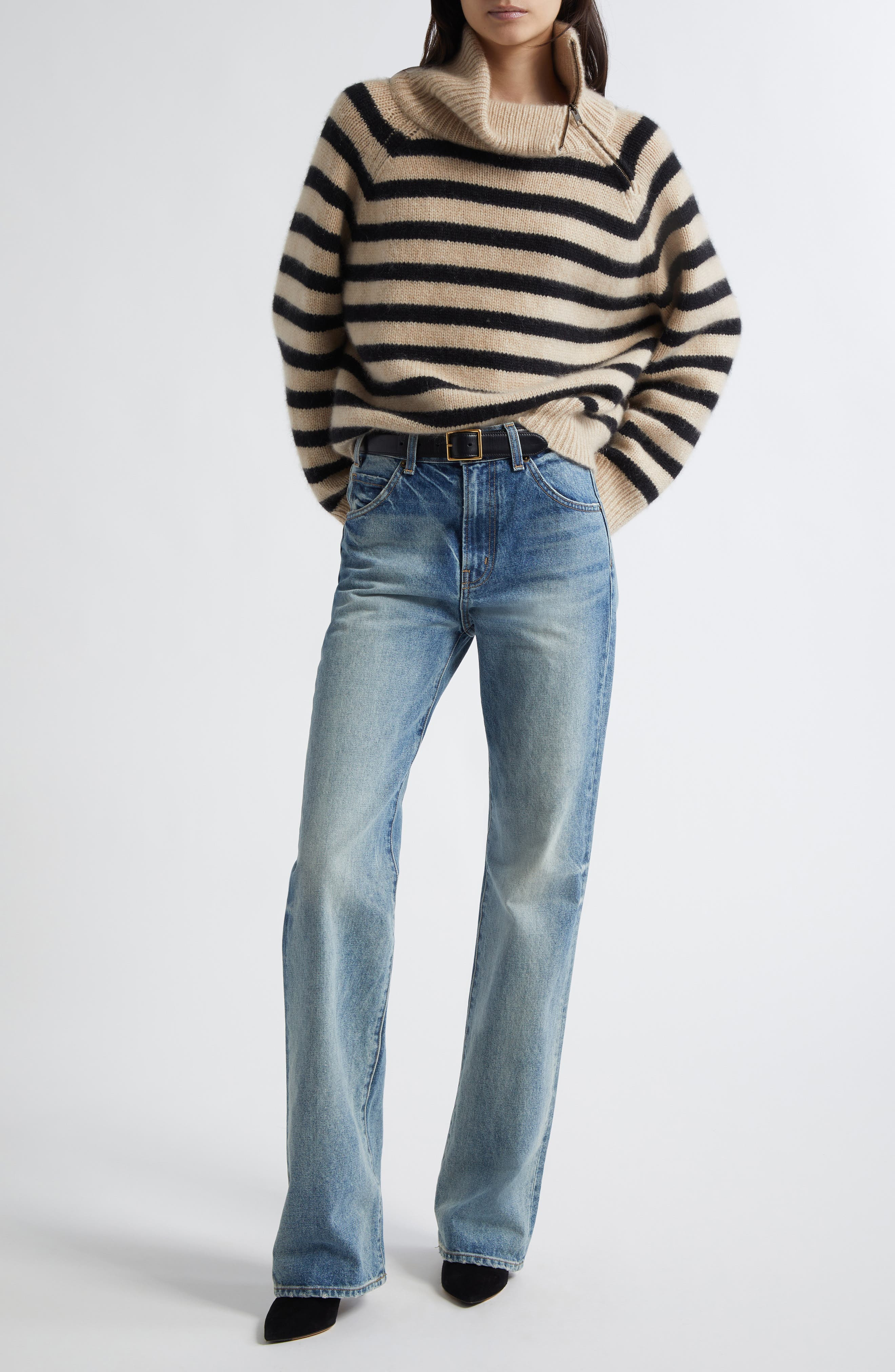 Nili Lotan Raelynn Stripe Turtleneck Cashmere Sweater in Parchment/Black Stripe at Nordstrom - 2