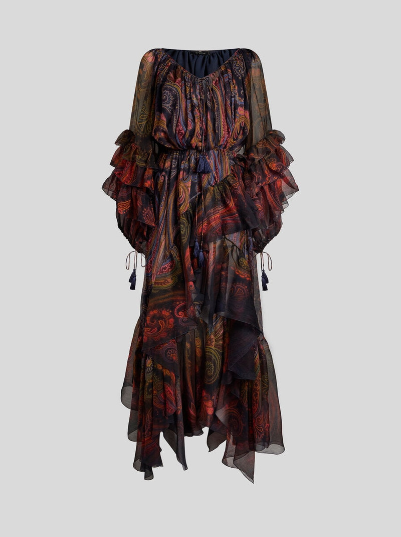 SILK MIDI DRESS WITH RUFFLES AND PLACED PAISLEY PRINT 1
