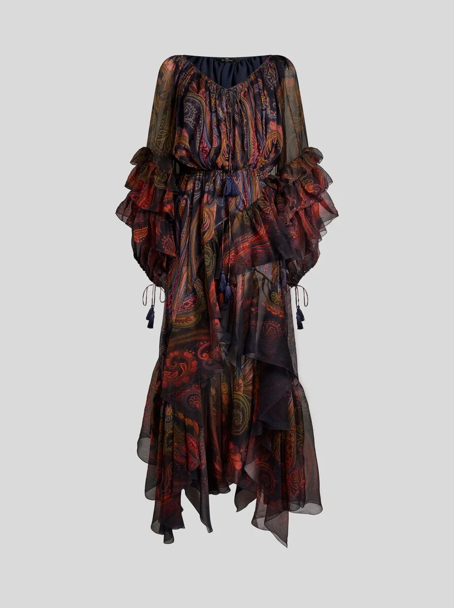 SILK MIDI DRESS WITH RUFFLES AND PLACED PAISLEY PRINT - 1