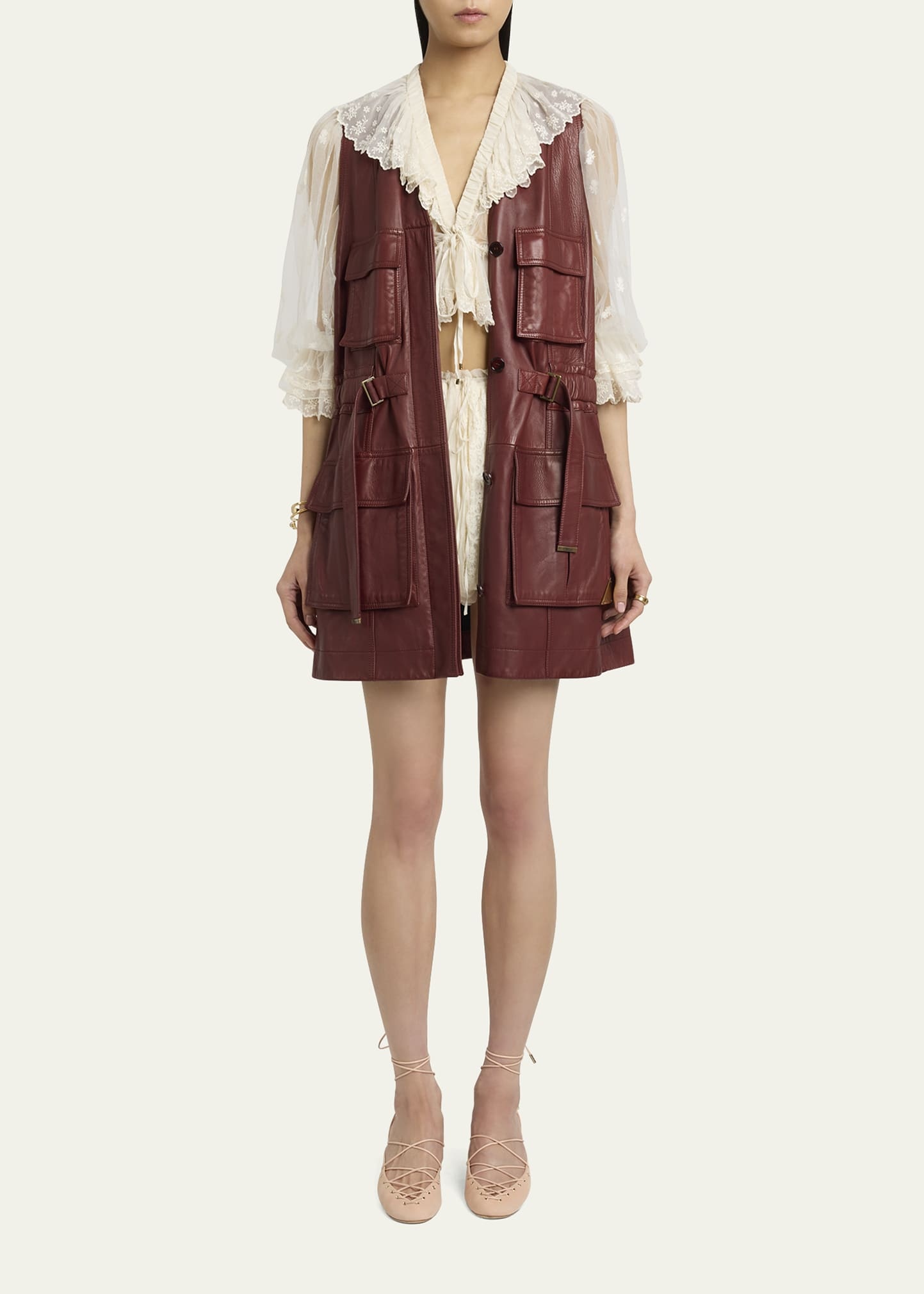Leather Belted Utilitarian Vest - 2