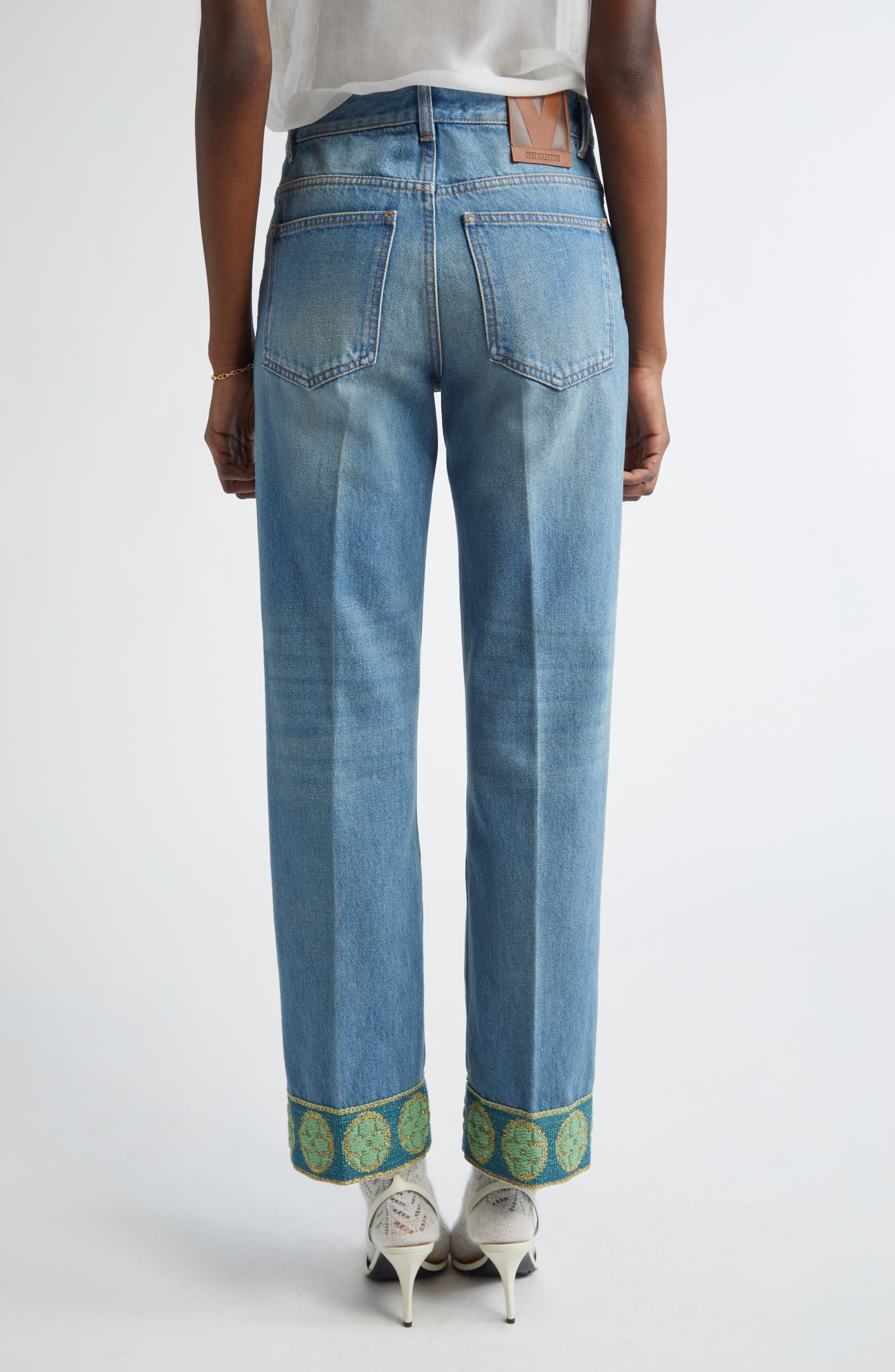 Valentino Garavani Jacquard Trim Straight Leg Jeans in Medium Blue Denim at Nordstrom - 3