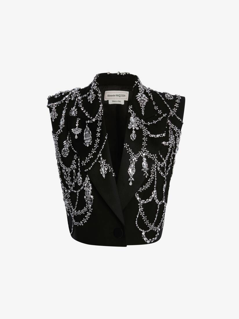 Sleeveless Embroidered Jacket in Black - 1