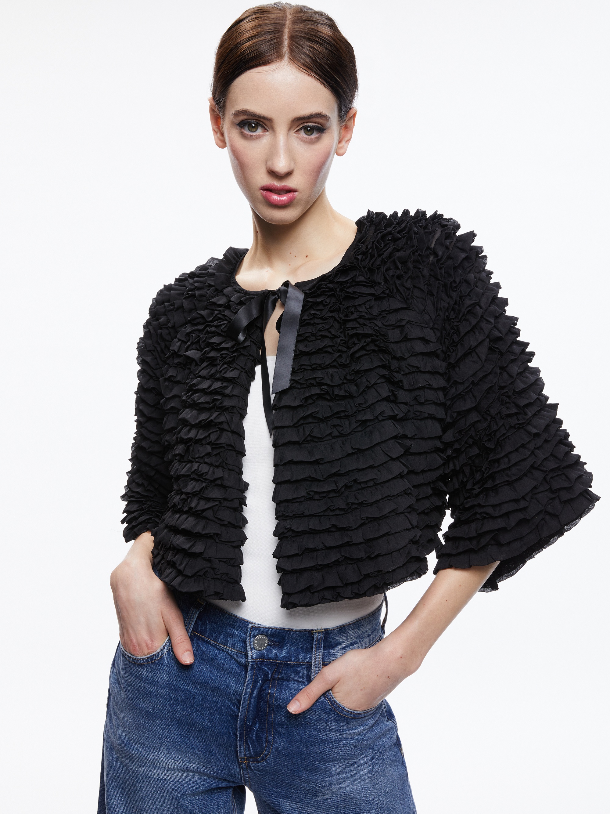 LOREE RUFFLE TIE FRONT CROPPED JACKET - 2