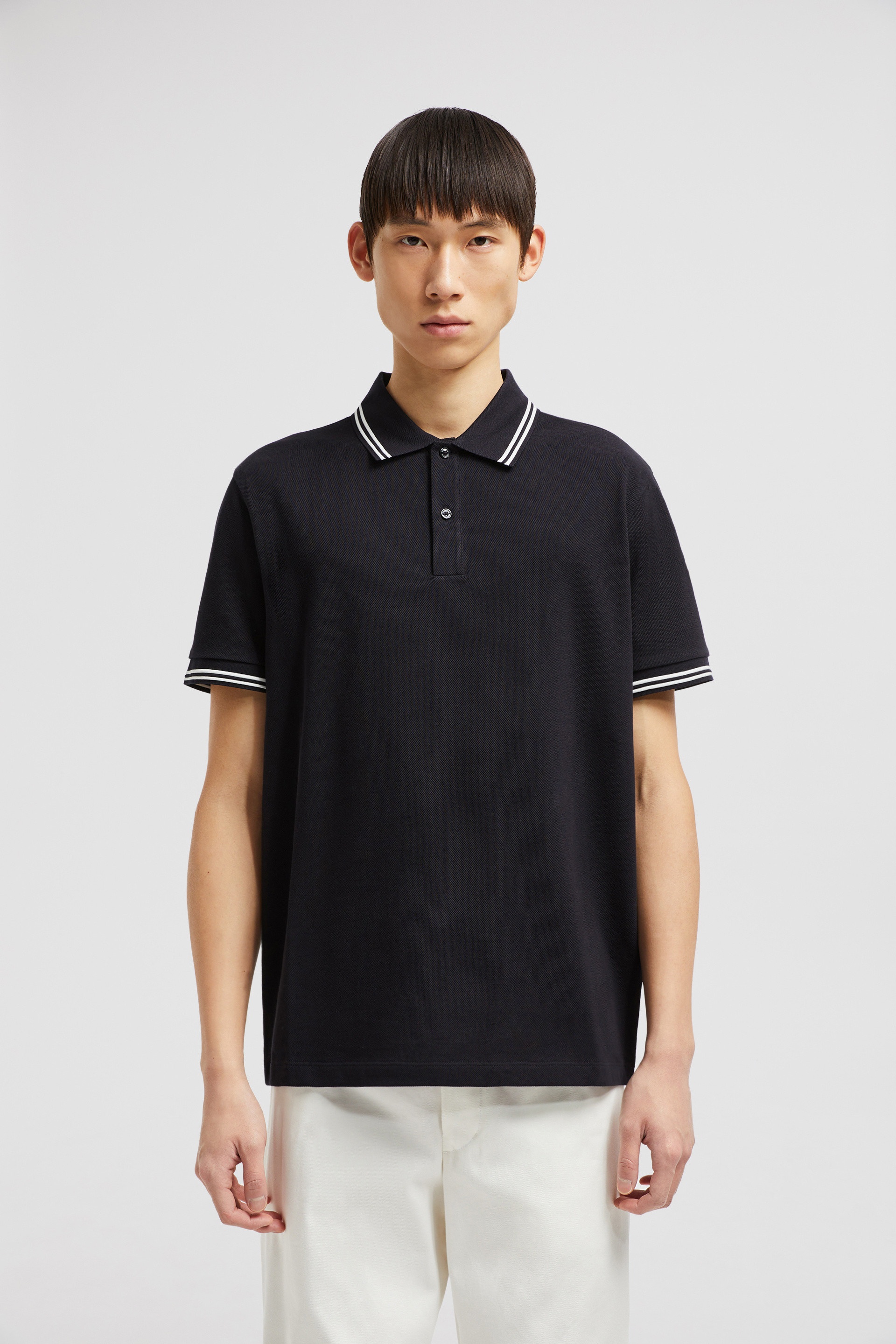 Striped Trim Cotton Piquet Polo Shirt - 3