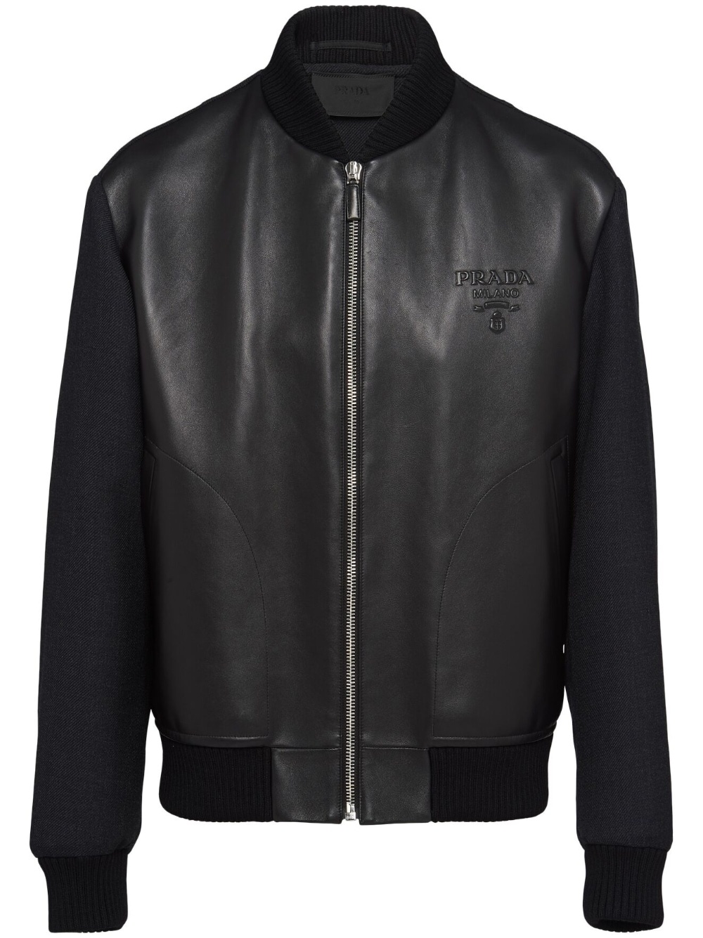 Prada logo-embossed leather bomber jacket | farfetch