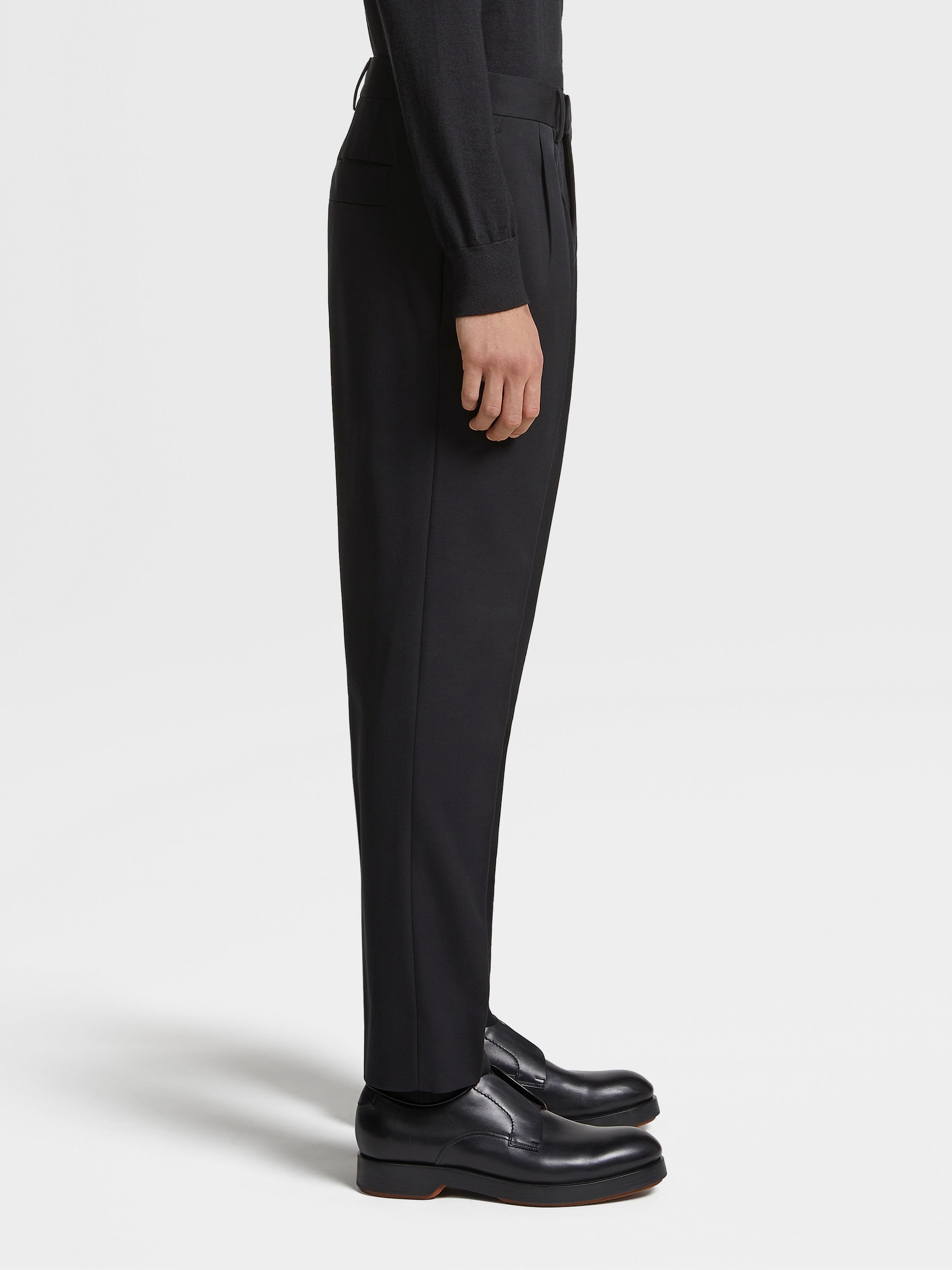 BLACK COTTON AND WOOL DOUBLE PLEAT PANTS - 4