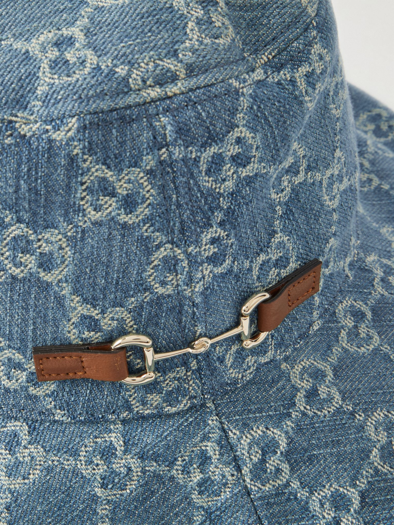 Horsebit-detailed leather-trimmed denim bucket hat Blue - 4