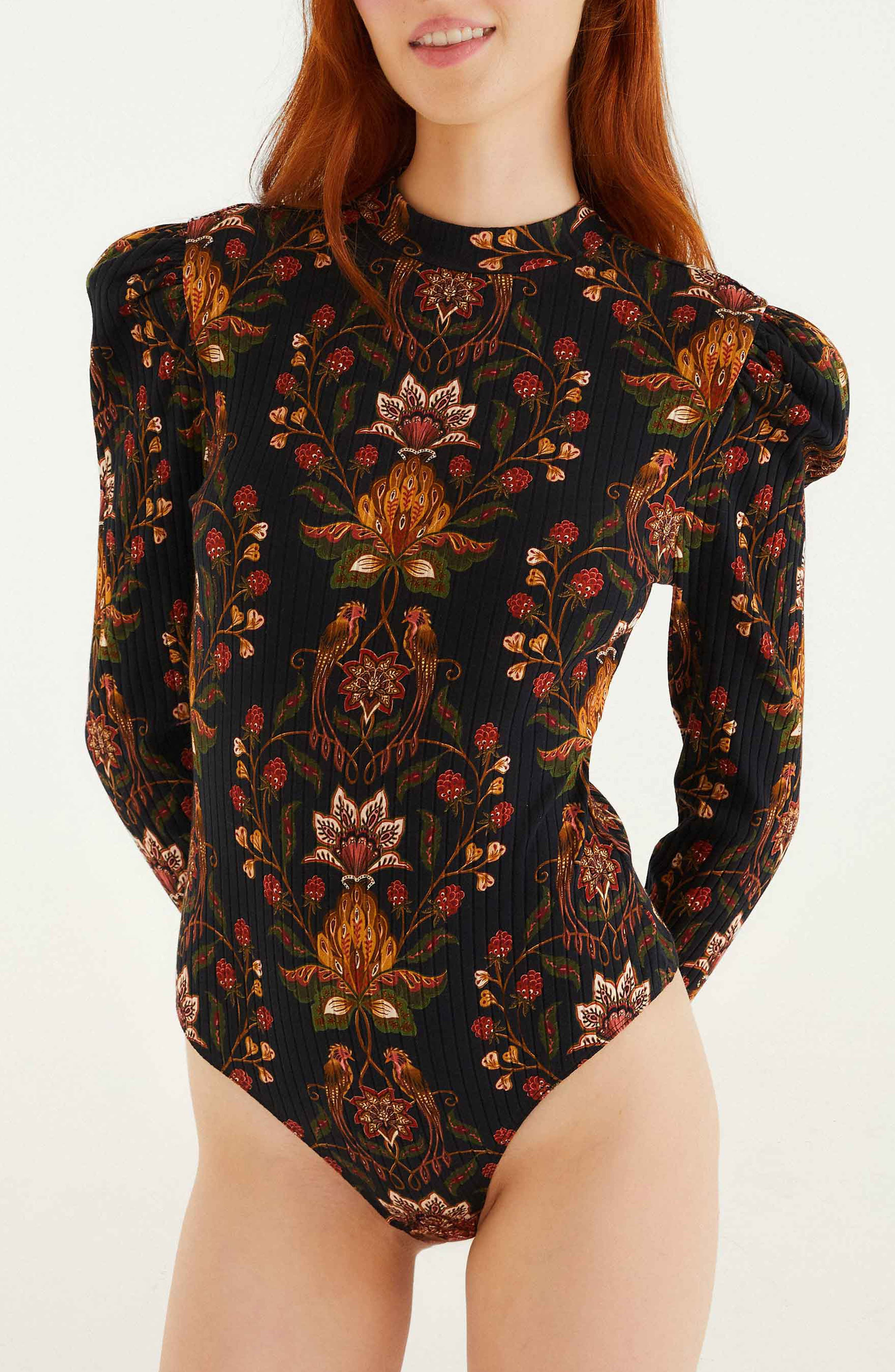 FARM Rio Floral Long Sleeve Cotton Bodysuit in Black at Nordstrom - 2