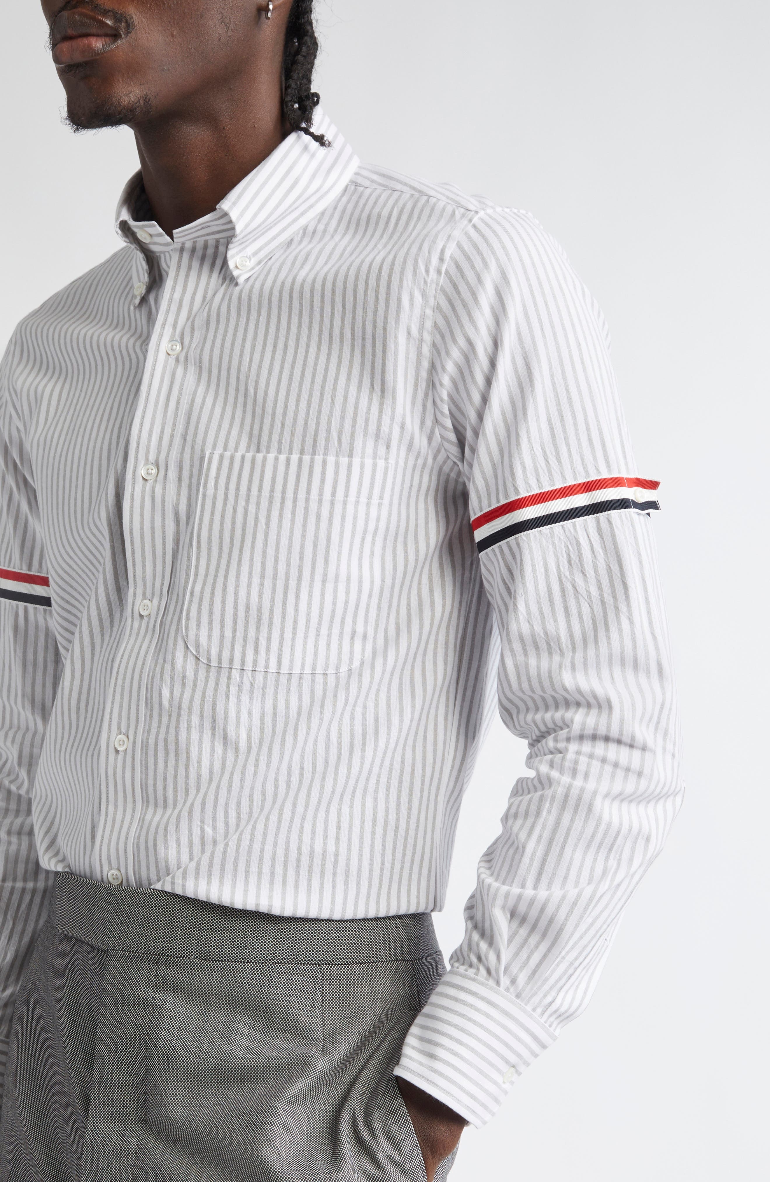 Thom Browne Armband Stripe Cotton Button-Down Shirt in Medium Grey at Nordstrom - 4