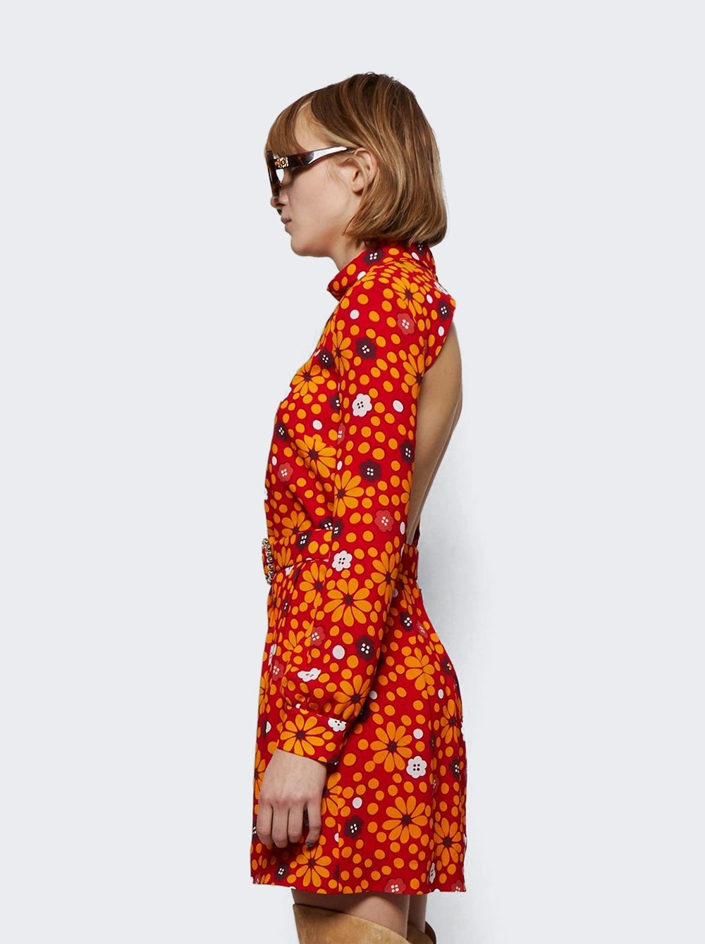 Belted High Neck Flower Print Dress Red And Jaune - 4