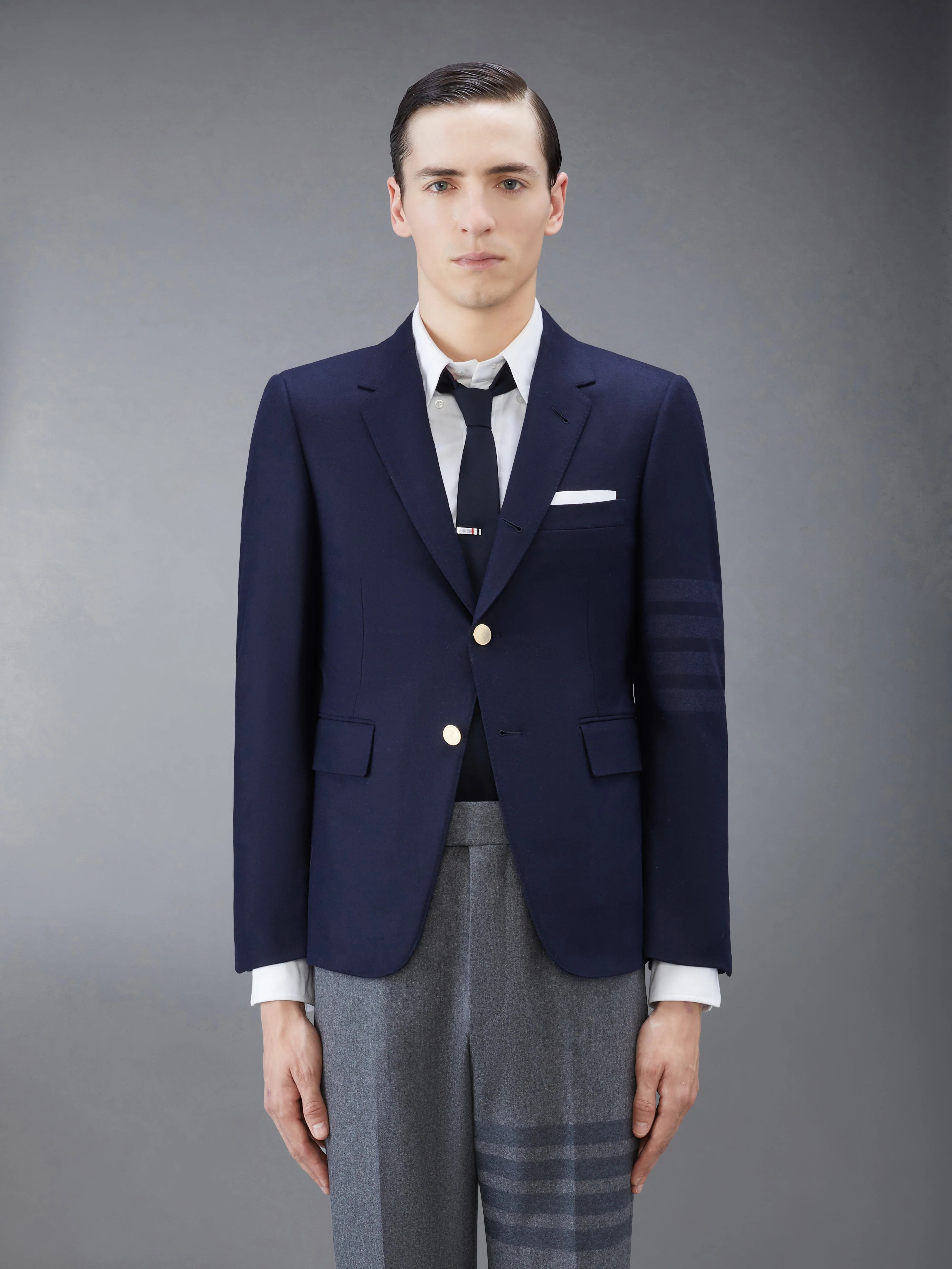 Navy Wool Cashmere Flannel Classic Tonal 4-Bar Sport Coat - 1