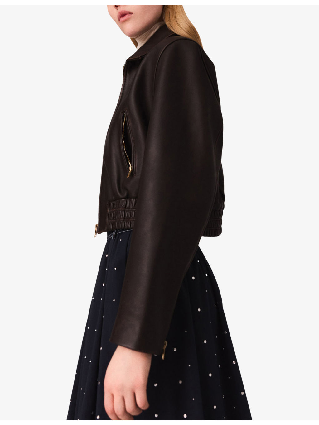 Cropped Smocked-Waist Leather Jacket - 4
