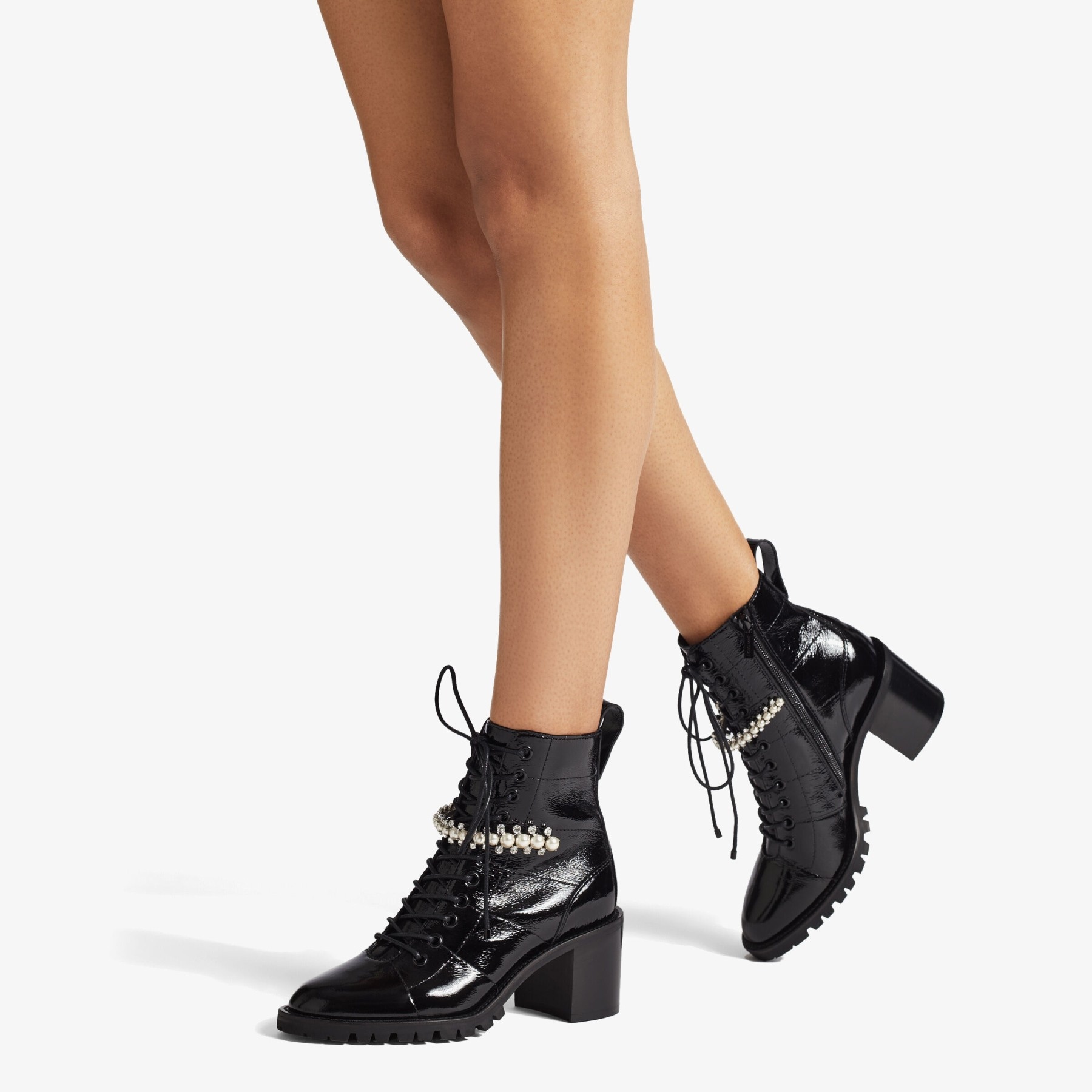 JIMMY CHOO Cruz 65 Black Naplack Lace Up Combat Boots with Crystal and Pearl Detailing REVERSIBLE