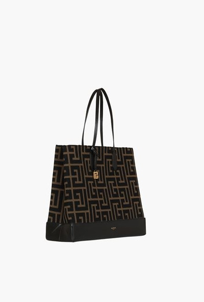 Balmain Large-sized bicolor khaki and black jacquard Folded Shopping Bag outlook