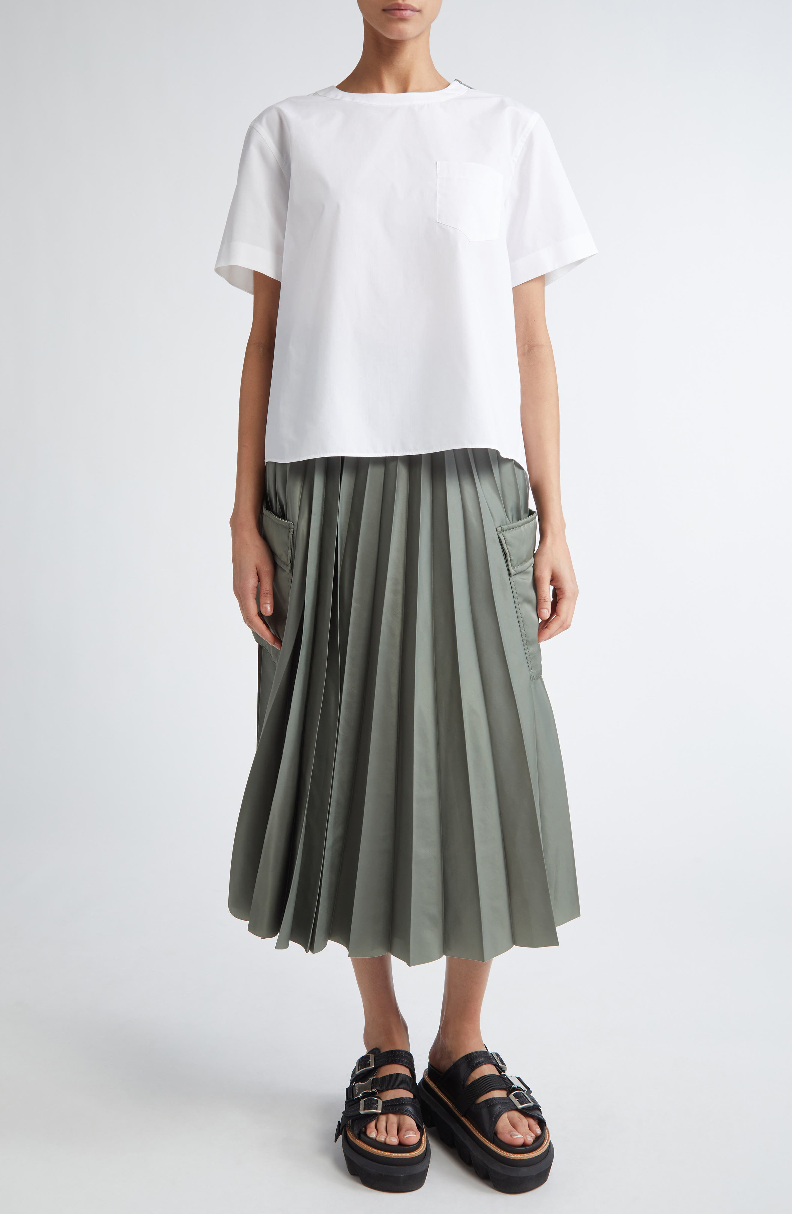 Sacai Mixed Media Poplin & Chiffon Top in Off White 151 at Nordstrom - 2