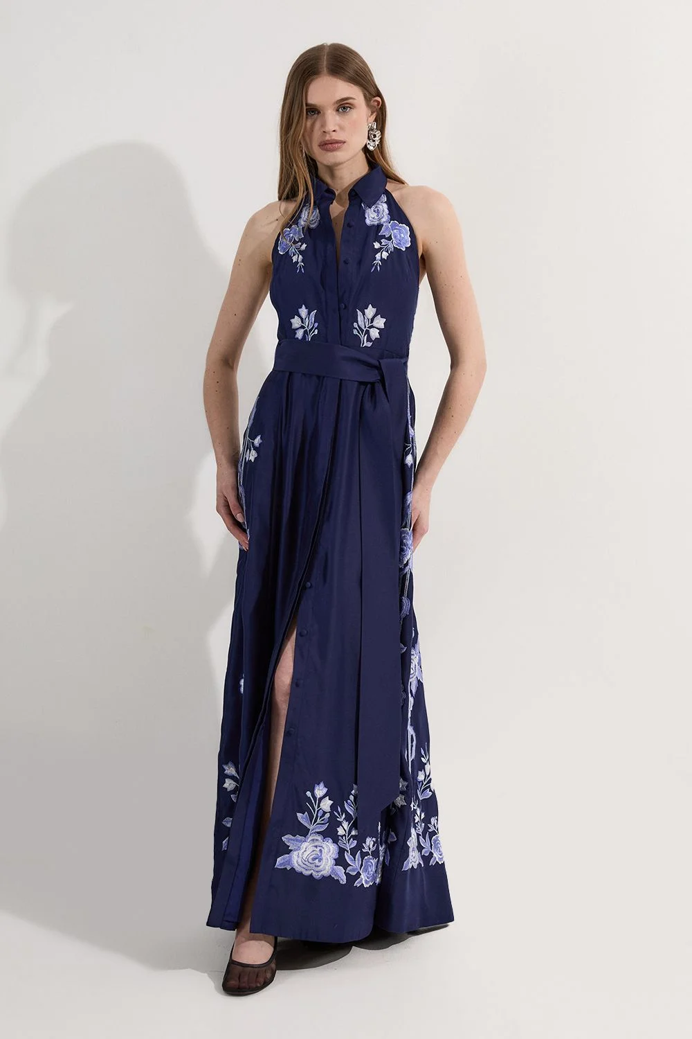 Petite Rose Embroidered Voile Midi Halter Dress - 1