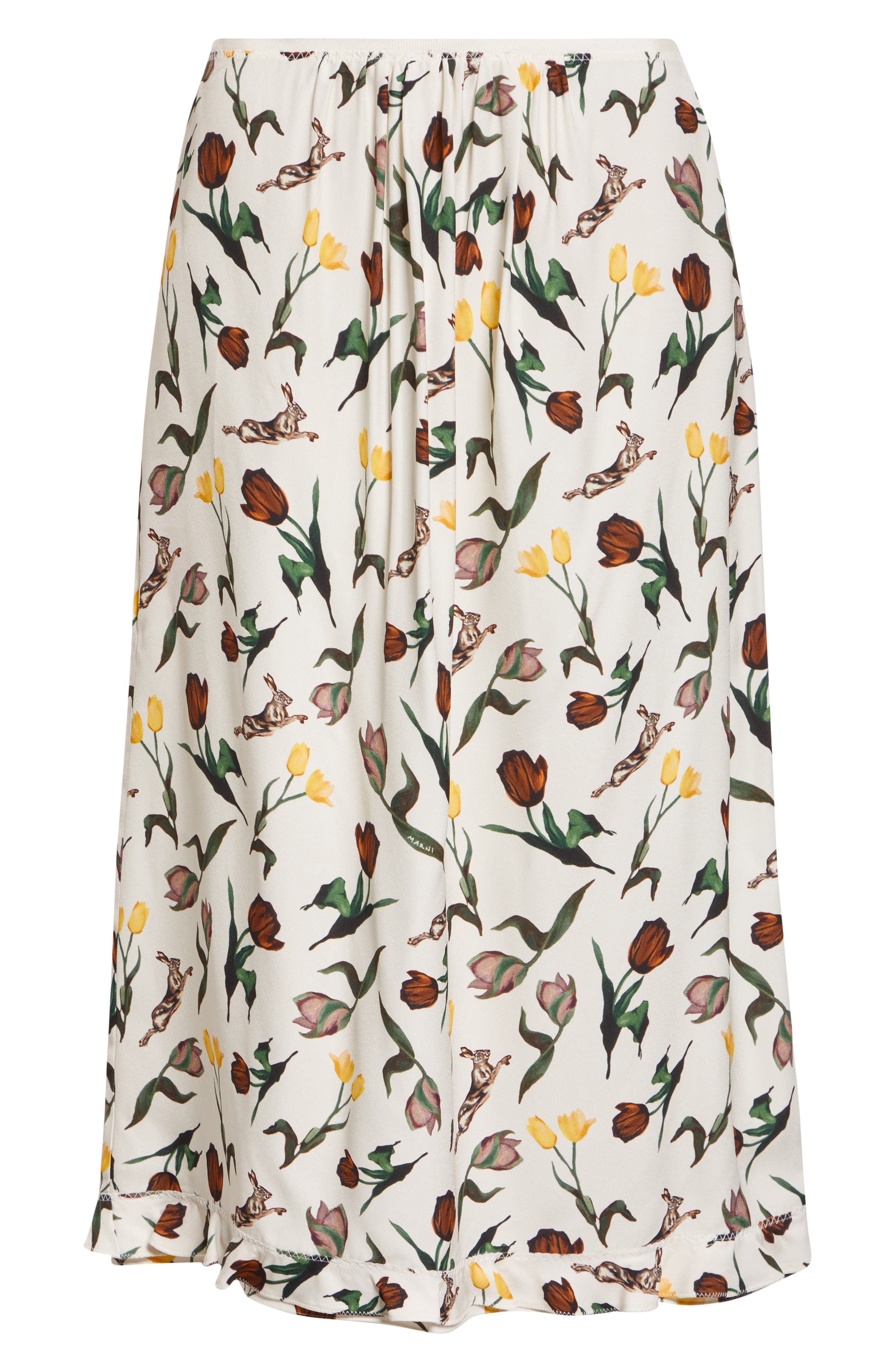 Marni Tulips & Hares Ruffle Hem Crepe Back Satin Midi Skirt in Limestone at Nordstrom - 6